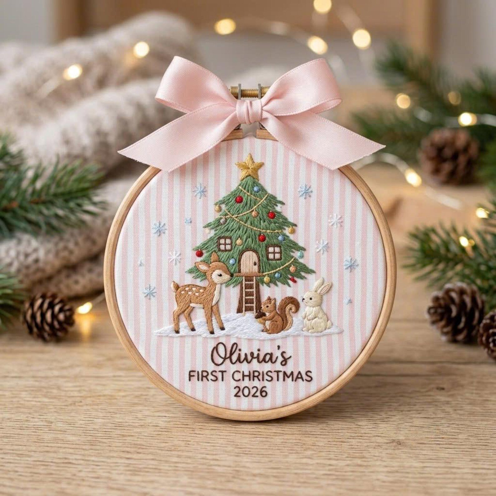 Baby First Christmas Embroidered Hoop, Personalized Name Christmas Ornament, Woodland Tree Nursery Keepsake Gift 2026 3