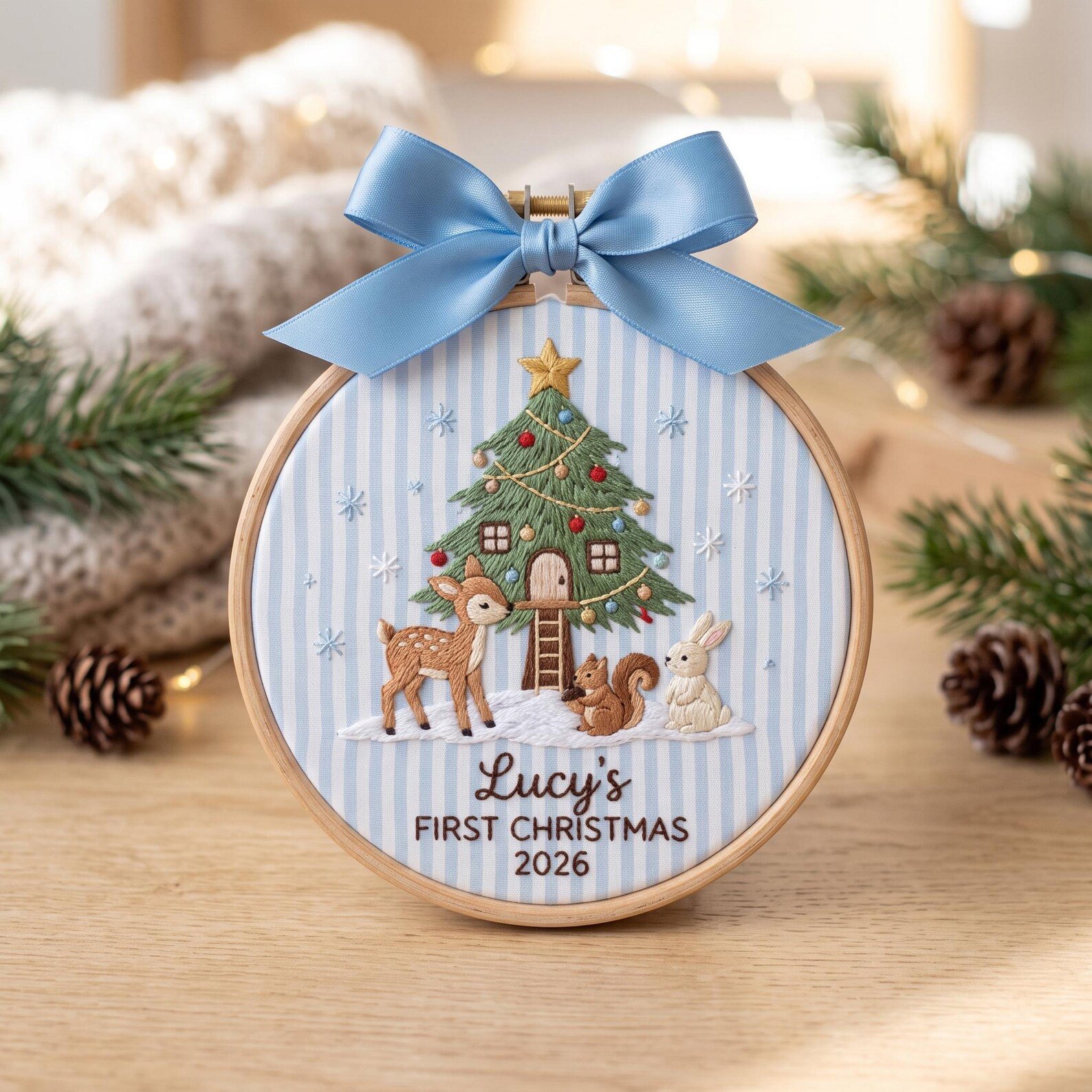 Baby First Christmas Embroidered Hoop, Personalized Name Christmas Ornament, Woodland Tree Nursery Keepsake Gift 2026 2