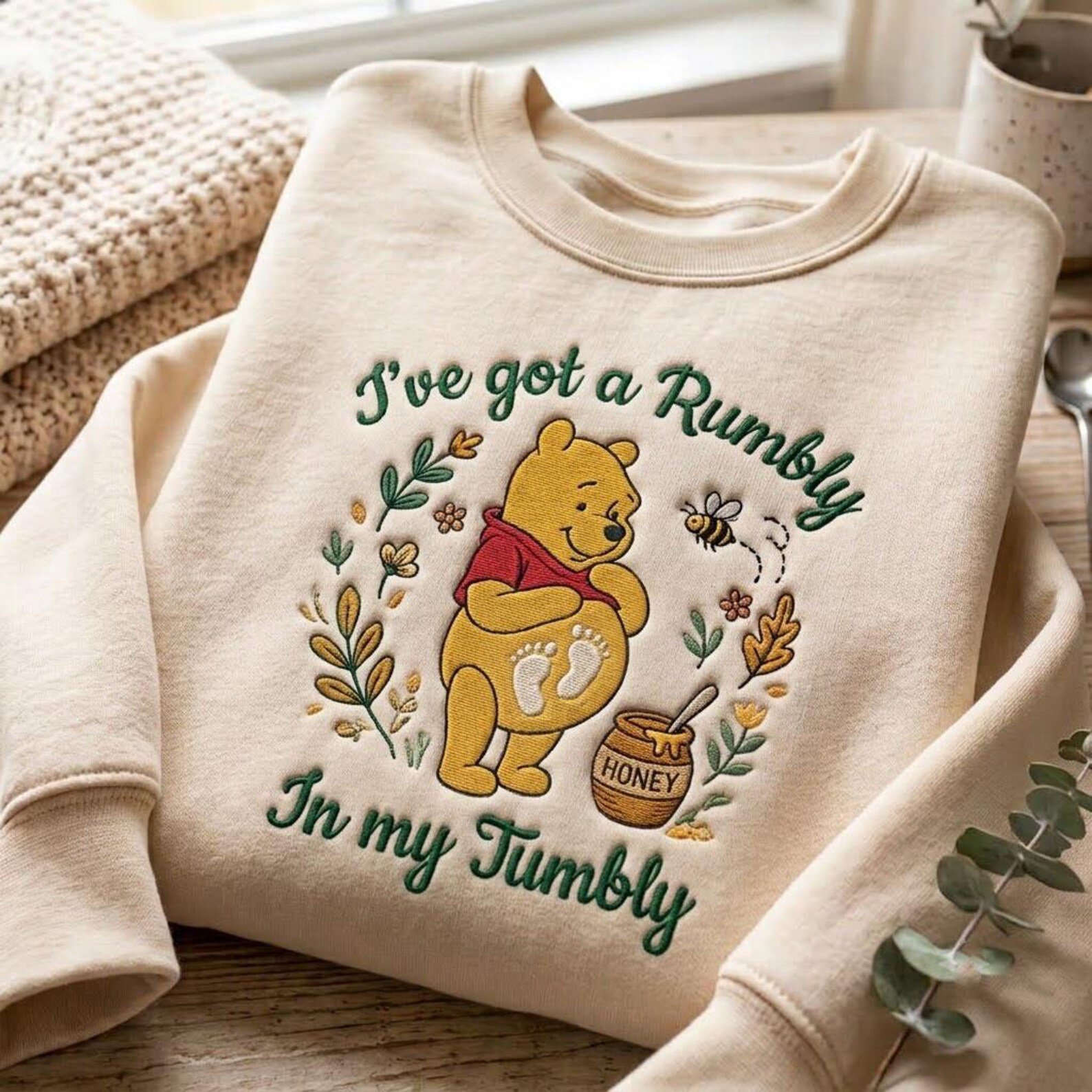 Rumbly In My Tumbly Pooh Embroidered Sweatshirt, Winnie The Pooh Pregnancy Crewneck, Baby Shower Gift for Expecting Mom 2