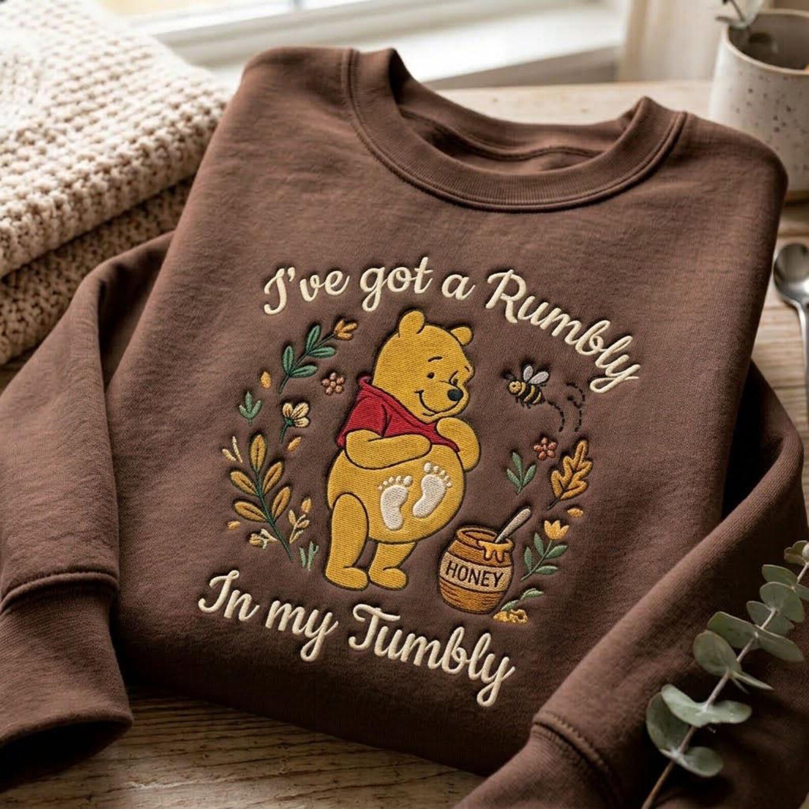 Rumbly In My Tumbly Pooh Embroidered Sweatshirt, Winnie The Pooh Pregnancy Crewneck, Baby Shower Gift for Expecting Mom 3