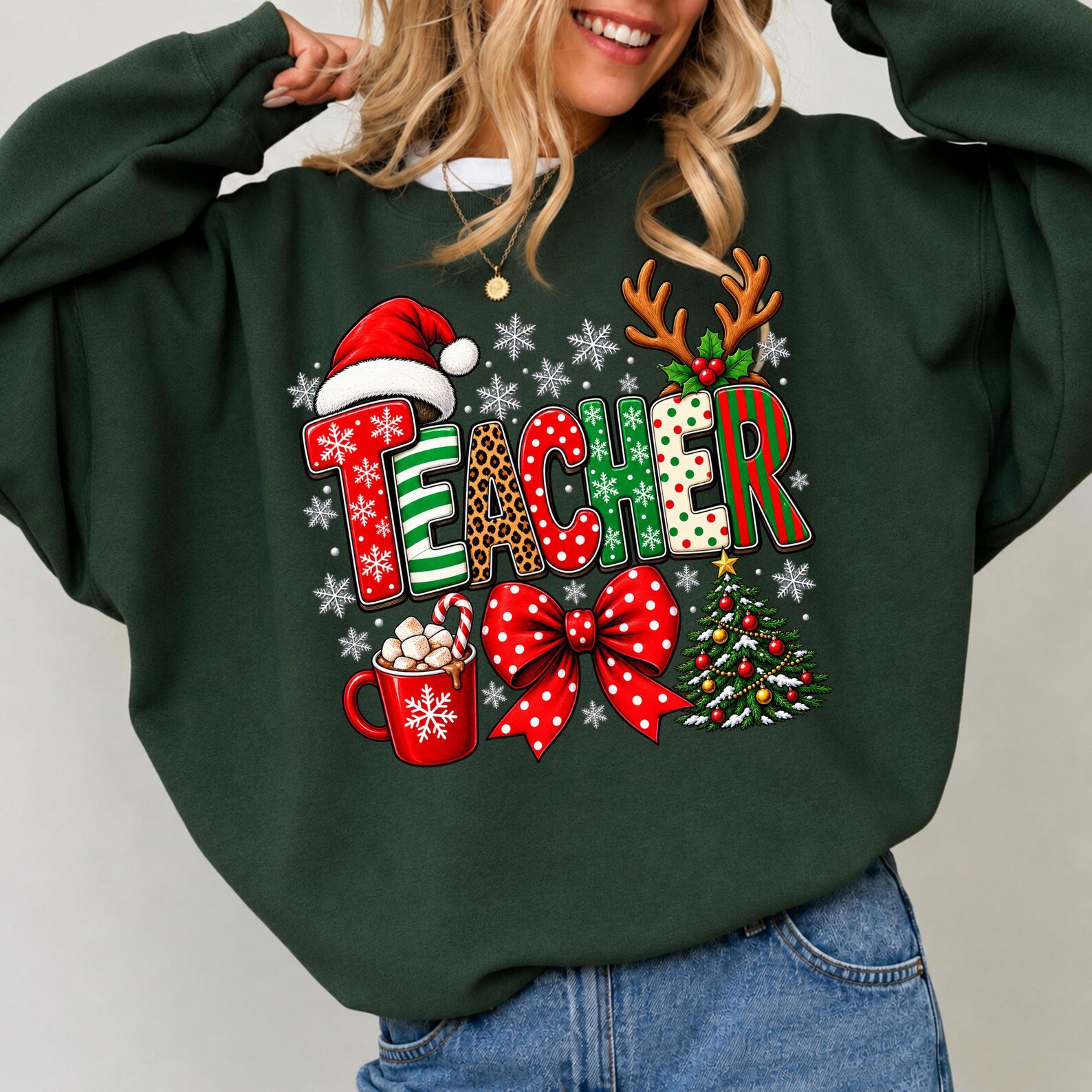 Christmas Teacher Shirt, Santa Reindeer School Holiday Sweatshirt, Winter Graphic Tee 1