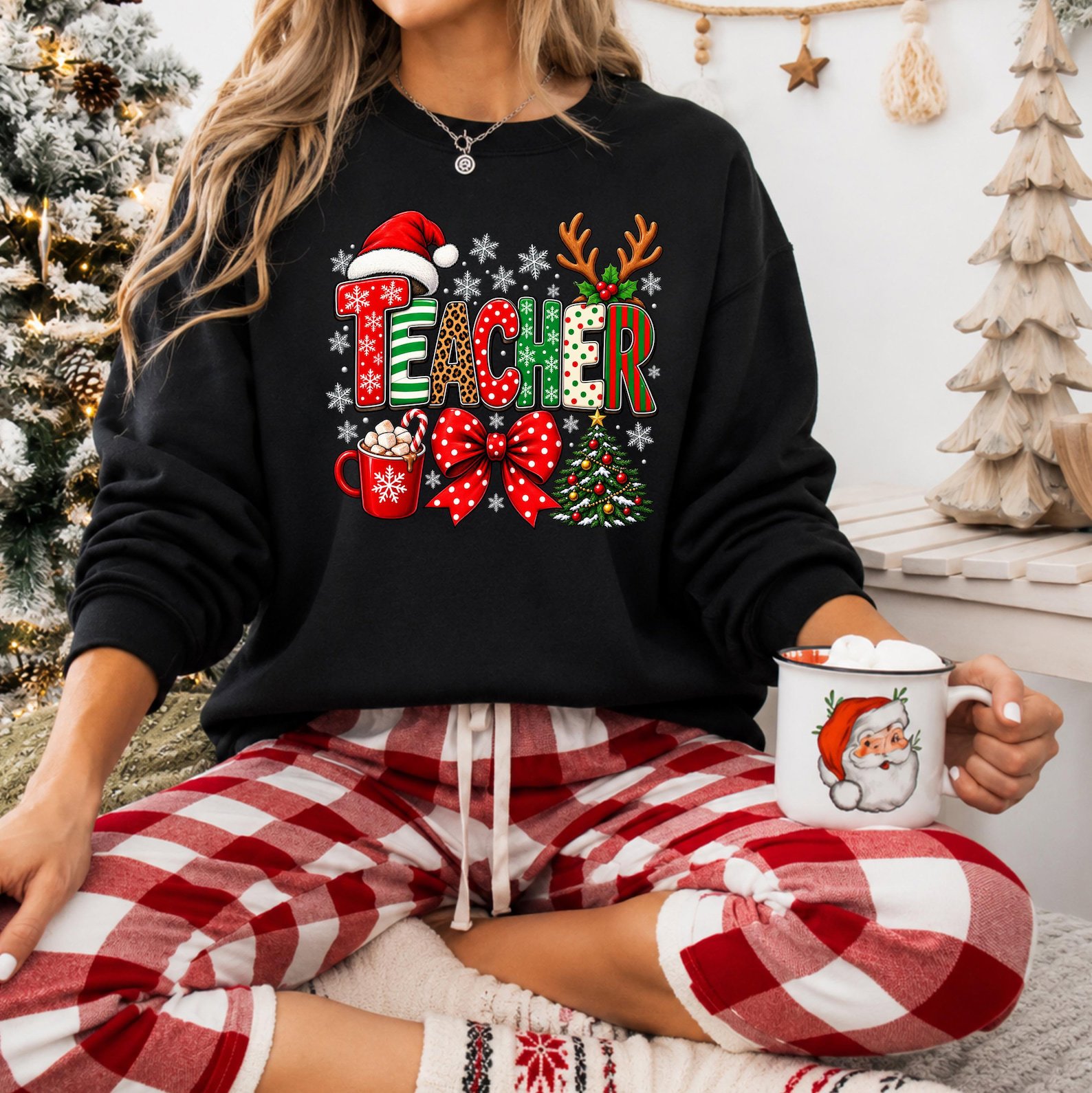 Christmas Teacher Shirt, Santa Reindeer School Holiday Sweatshirt, Winter Graphic Tee 5