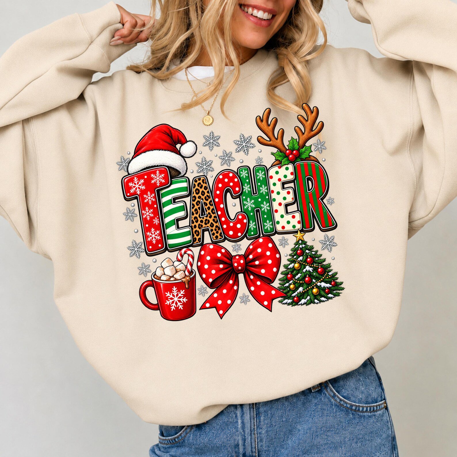 Christmas Teacher Shirt, Santa Reindeer School Holiday Sweatshirt, Winter Graphic Tee 6