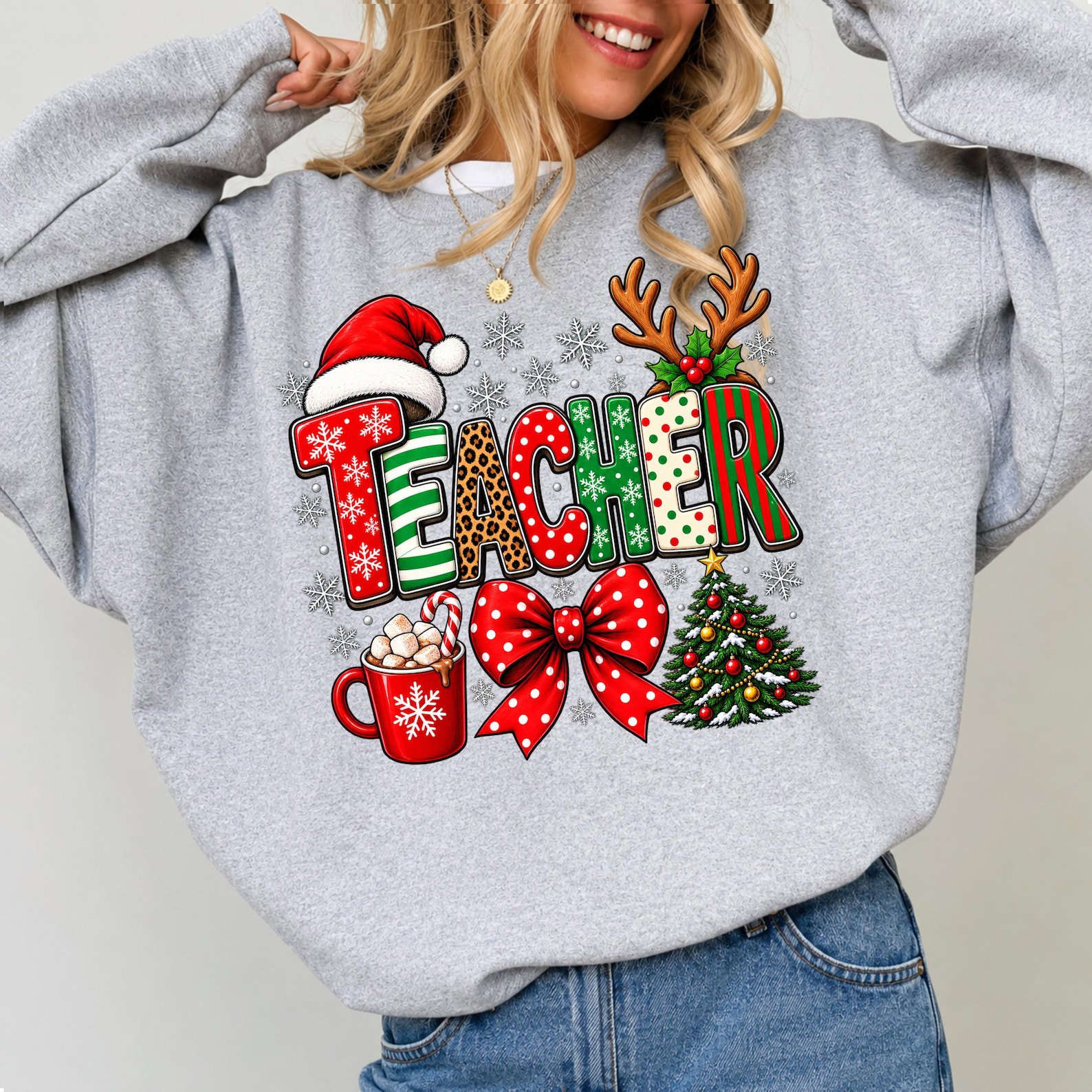 Christmas Teacher Shirt, Santa Reindeer School Holiday Sweatshirt, Winter Graphic Tee 7