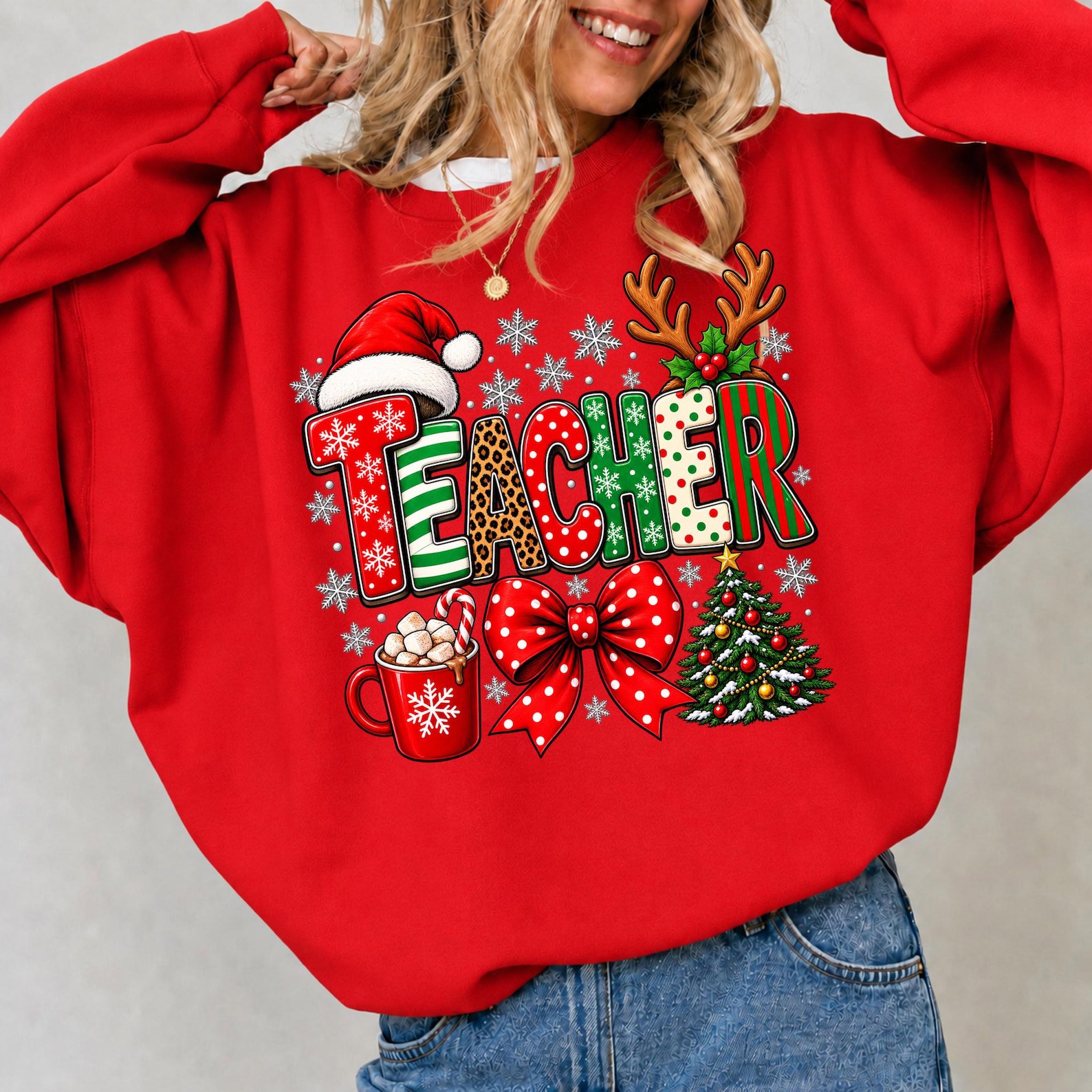 Christmas Teacher Shirt, Santa Reindeer School Holiday Sweatshirt, Winter Graphic Tee 8