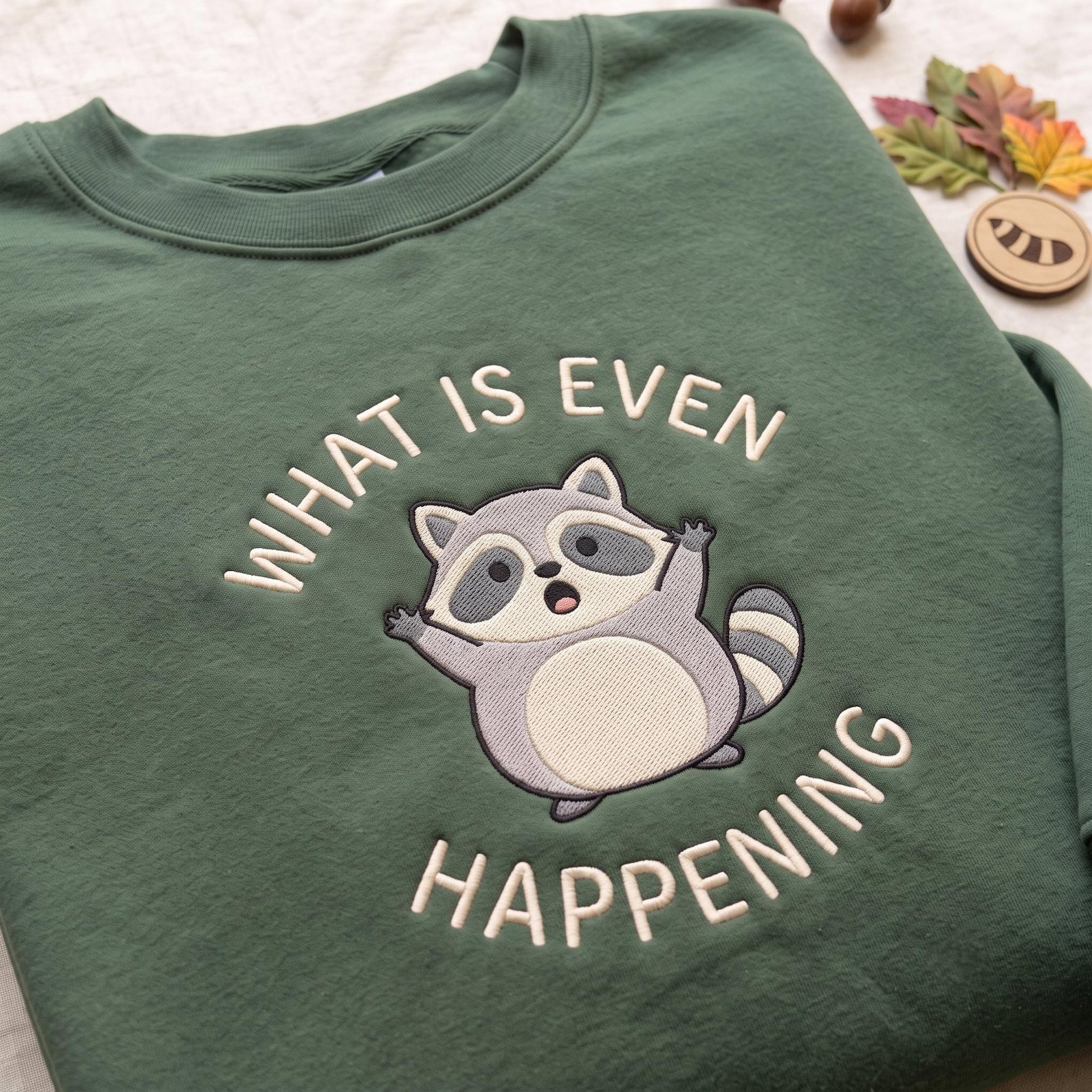 What Is Even Happening Embroidered Sweatshirt, Funny Raccoon Crewneck, Cute Confused Raccoon Sweater, Raccoon Lover Gift 2