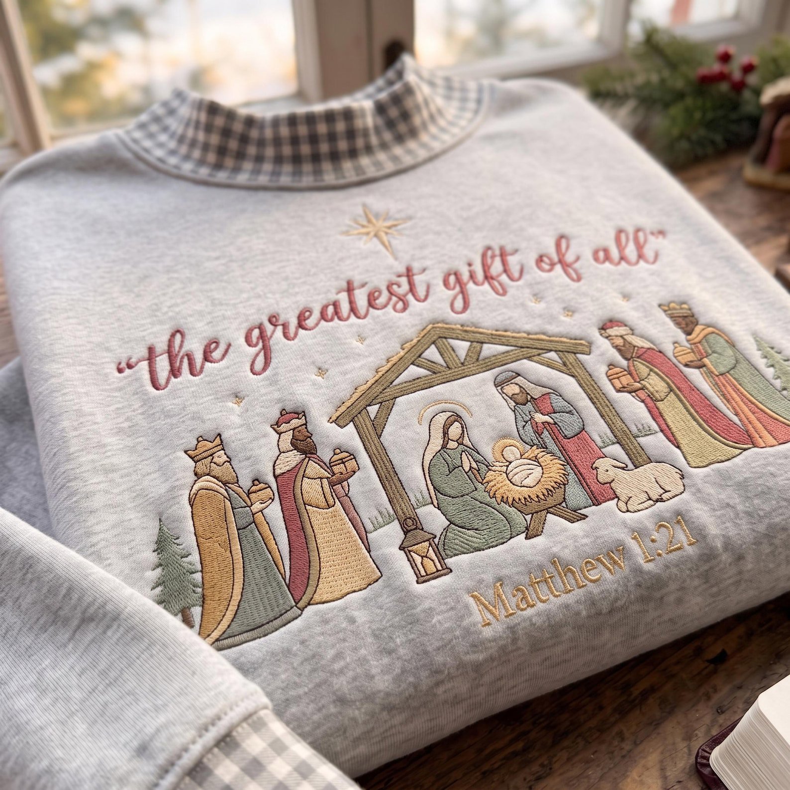 The Greatest Gift of All Mock Neck Sweatshirt, Embroidered Nativity Christmas Crewneck, Christian Jesus Holiday Gift 1