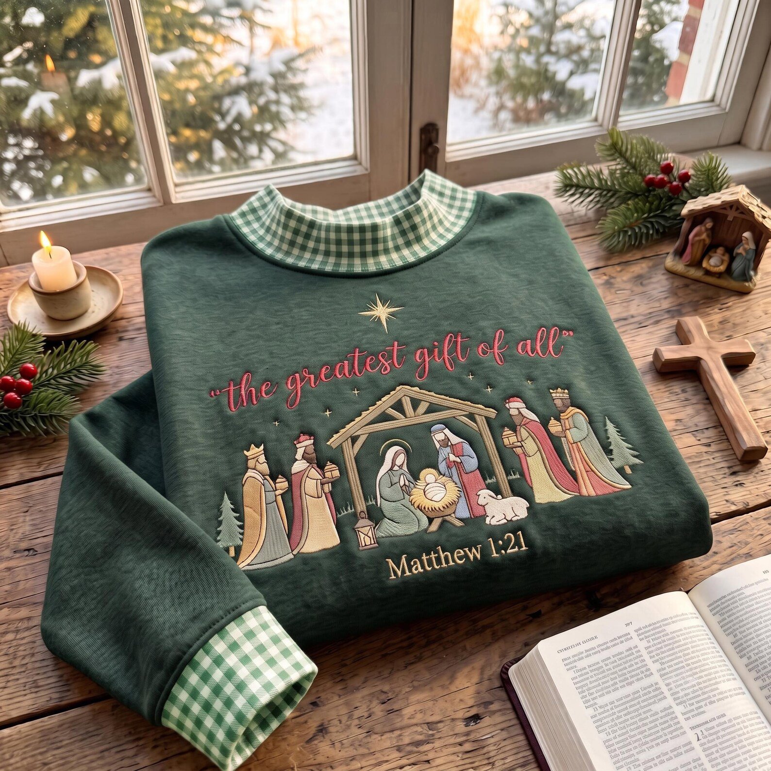 The Greatest Gift of All Mock Neck Sweatshirt, Embroidered Nativity Christmas Crewneck, Christian Jesus Holiday Gift 3