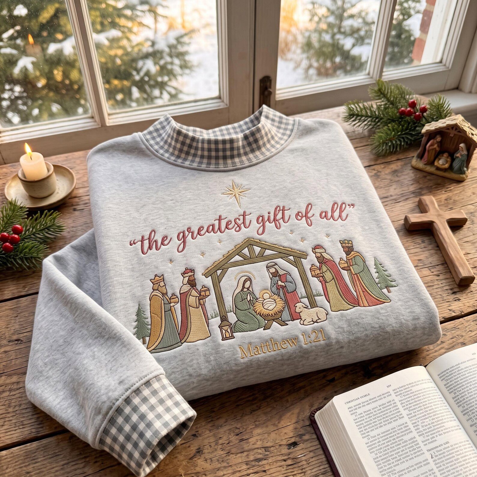 The Greatest Gift of All Mock Neck Sweatshirt, Embroidered Nativity Christmas Crewneck, Christian Jesus Holiday Gift 4