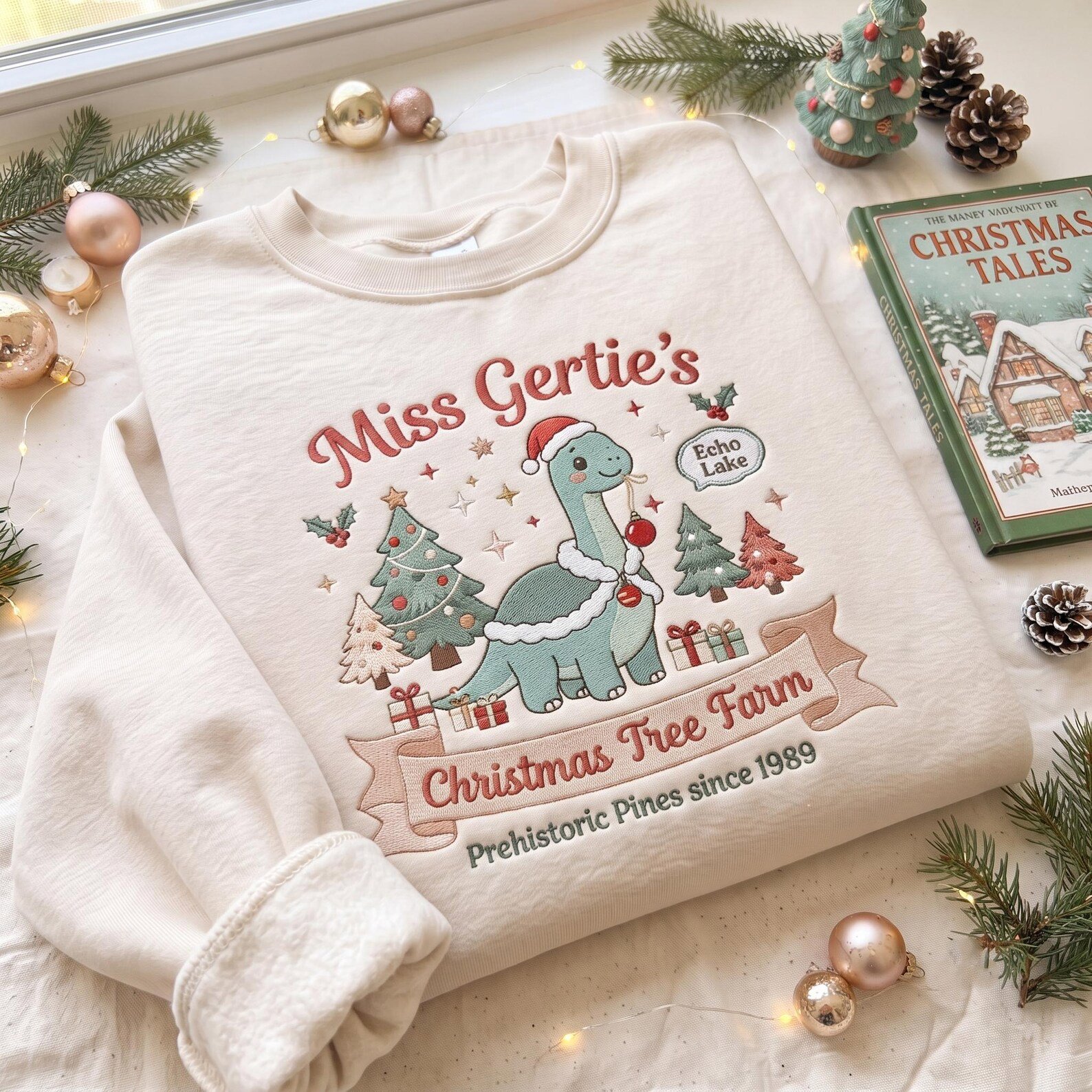 Miss Gertie’s Christmas Embroidered Sweatshirt, Echo Lake Dinosaur Crewneck, Christmas Tree Farm Holiday Sweater 1