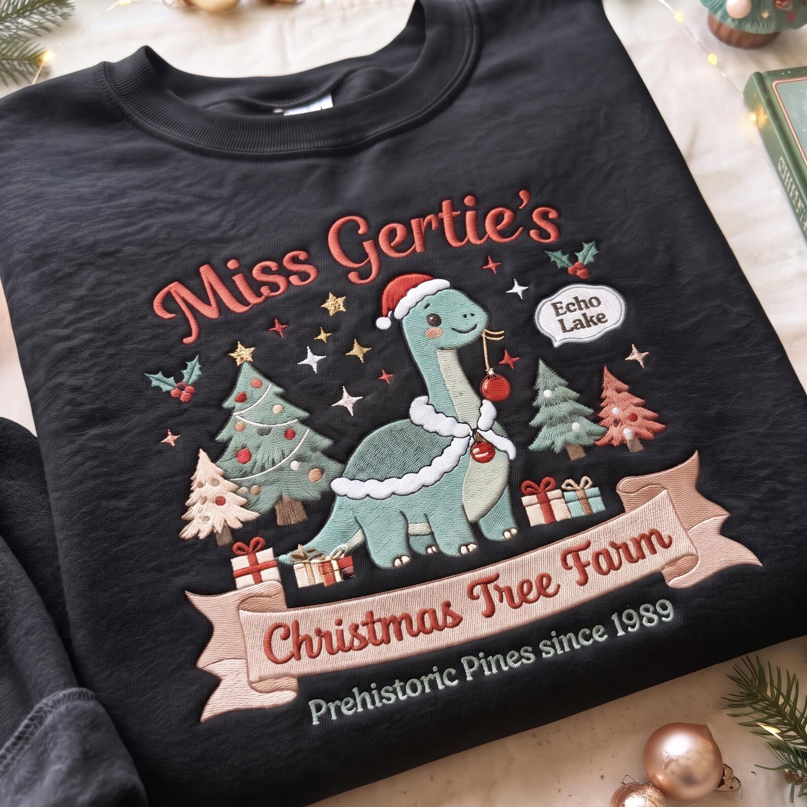 Miss Gertie’s Christmas Embroidered Sweatshirt, Echo Lake Dinosaur Crewneck, Christmas Tree Farm Holiday Sweater 2