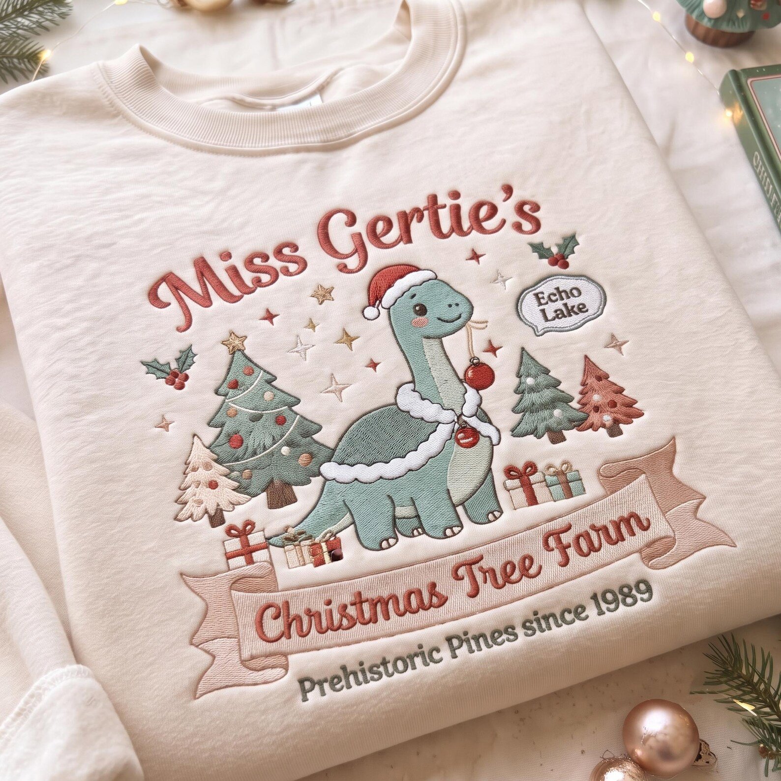 Miss Gertie’s Christmas Embroidered Sweatshirt, Echo Lake Dinosaur Crewneck, Christmas Tree Farm Holiday Sweater 3
