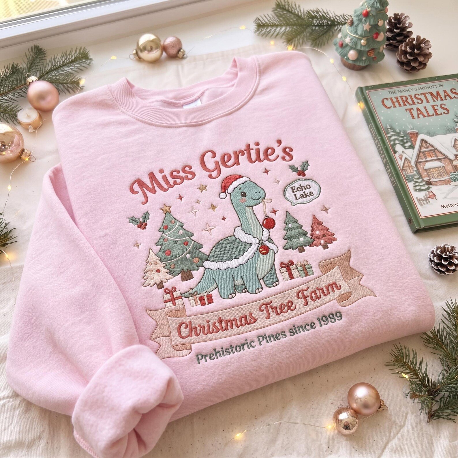 Miss Gertie’s Christmas Embroidered Sweatshirt, Echo Lake Dinosaur Crewneck, Christmas Tree Farm Holiday Sweater 4