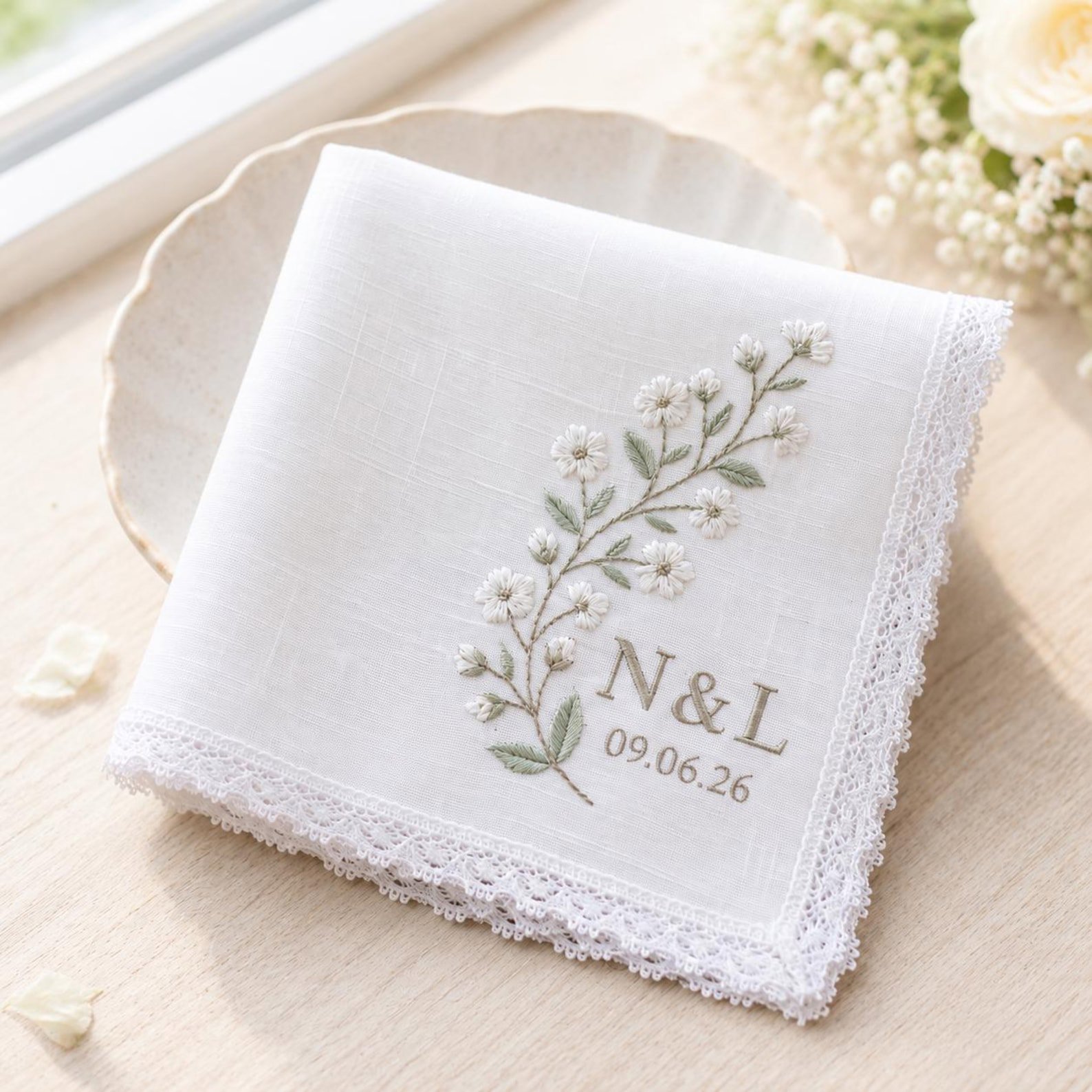 Custom Embroidered Wedding Handkerchief, Bridal Keepsake Gift for Bride, Custom Initials Linen Hanky, Bride To Be Handkerchief 1