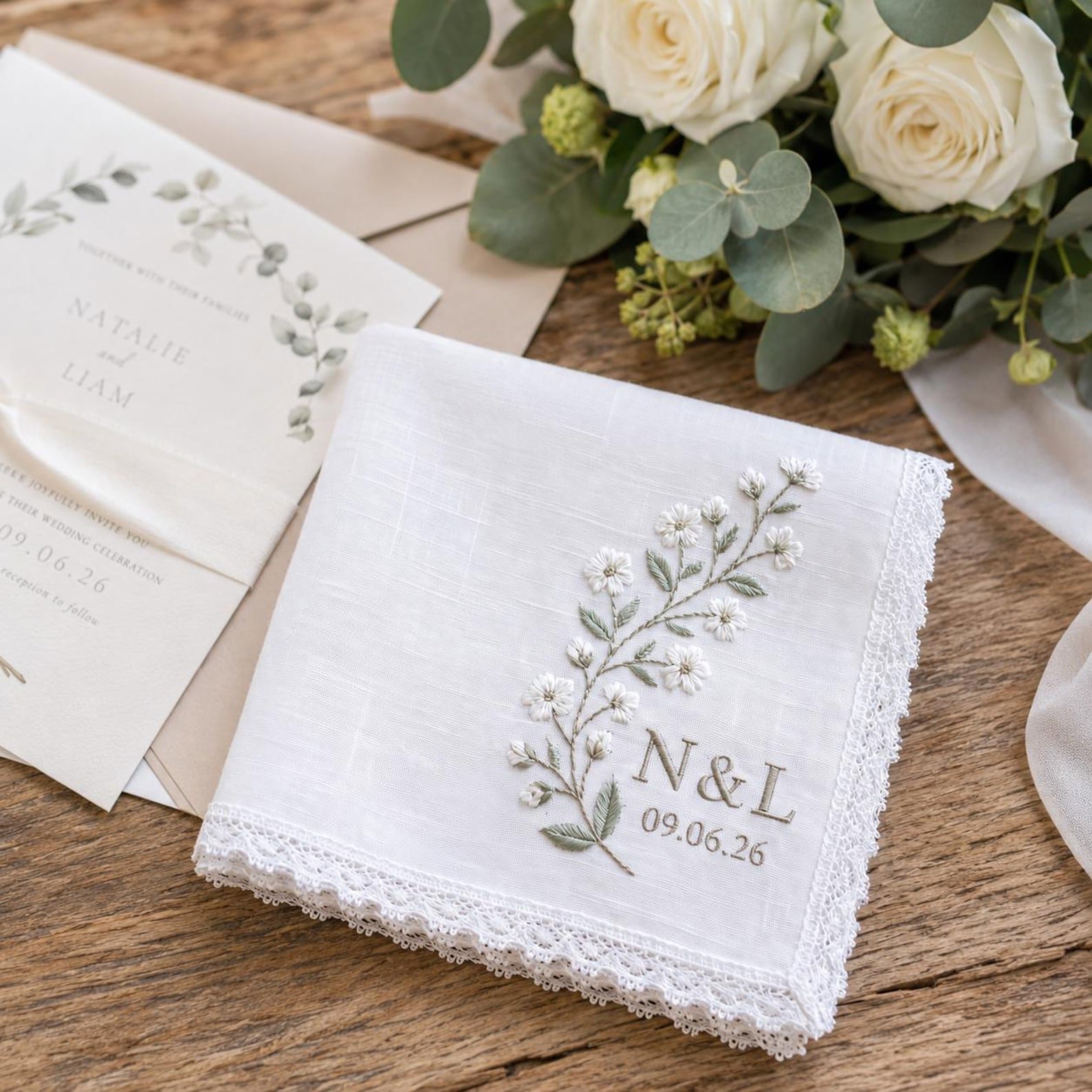 Custom Embroidered Wedding Handkerchief, Bridal Keepsake Gift for Bride, Custom Initials Linen Hanky, Bride To Be Handkerchief 4