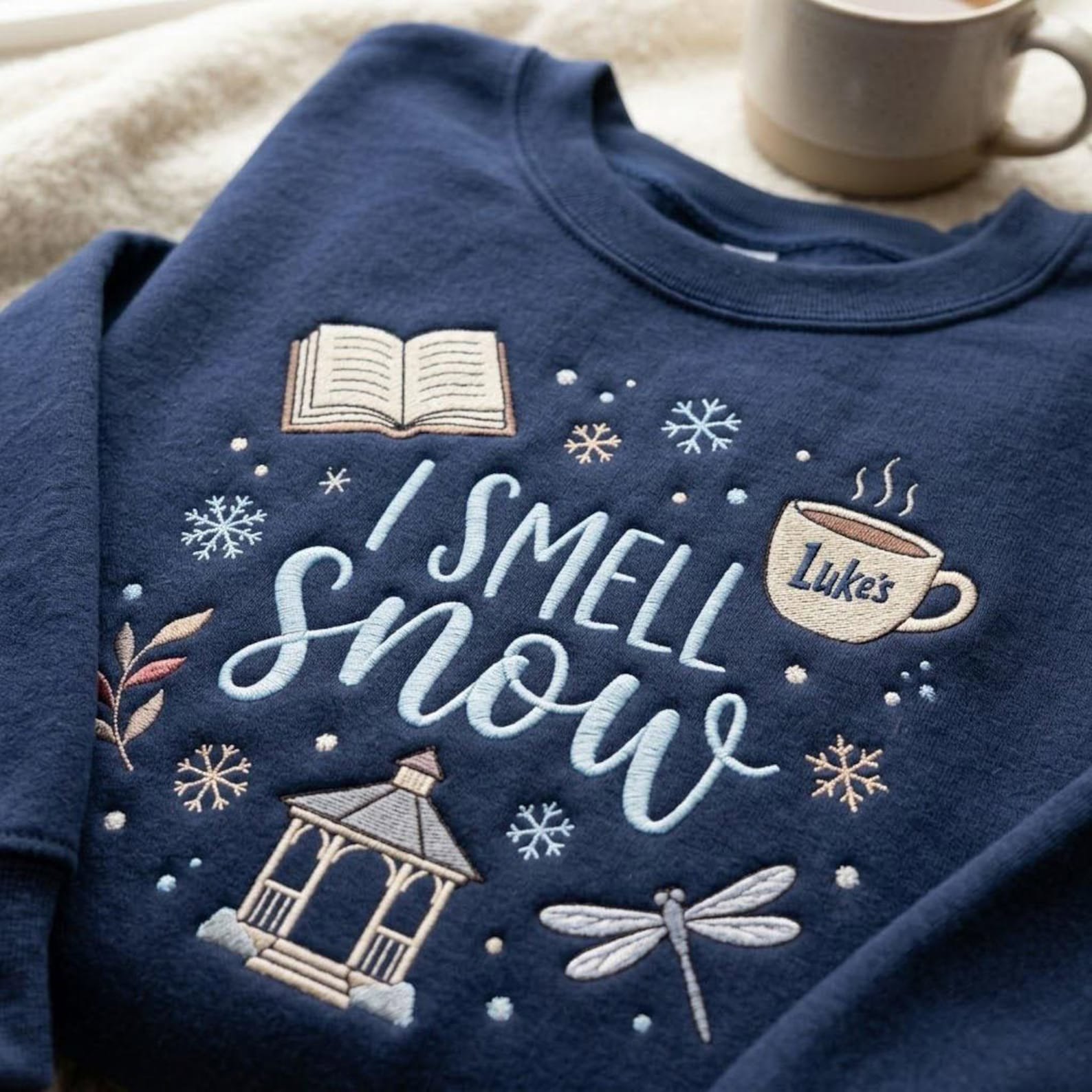 Embroidered I Smell Snow Sweatshirt, Cozy Bookish Winter Crewneck, Coffee Cup Gazebo Dragonfly Design, Autumn Lover Gift Idea 2