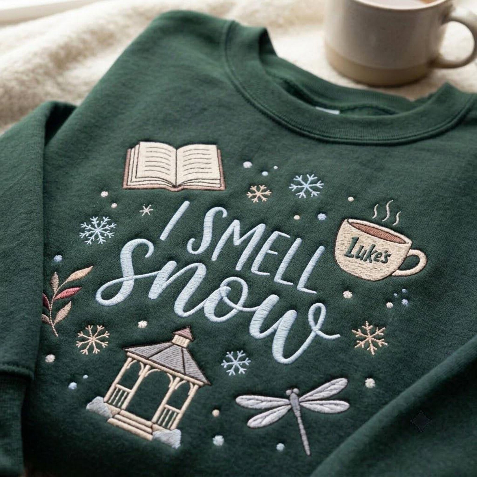 Embroidered I Smell Snow Sweatshirt, Cozy Bookish Winter Crewneck, Coffee Cup Gazebo Dragonfly Design, Autumn Lover Gift Idea 3