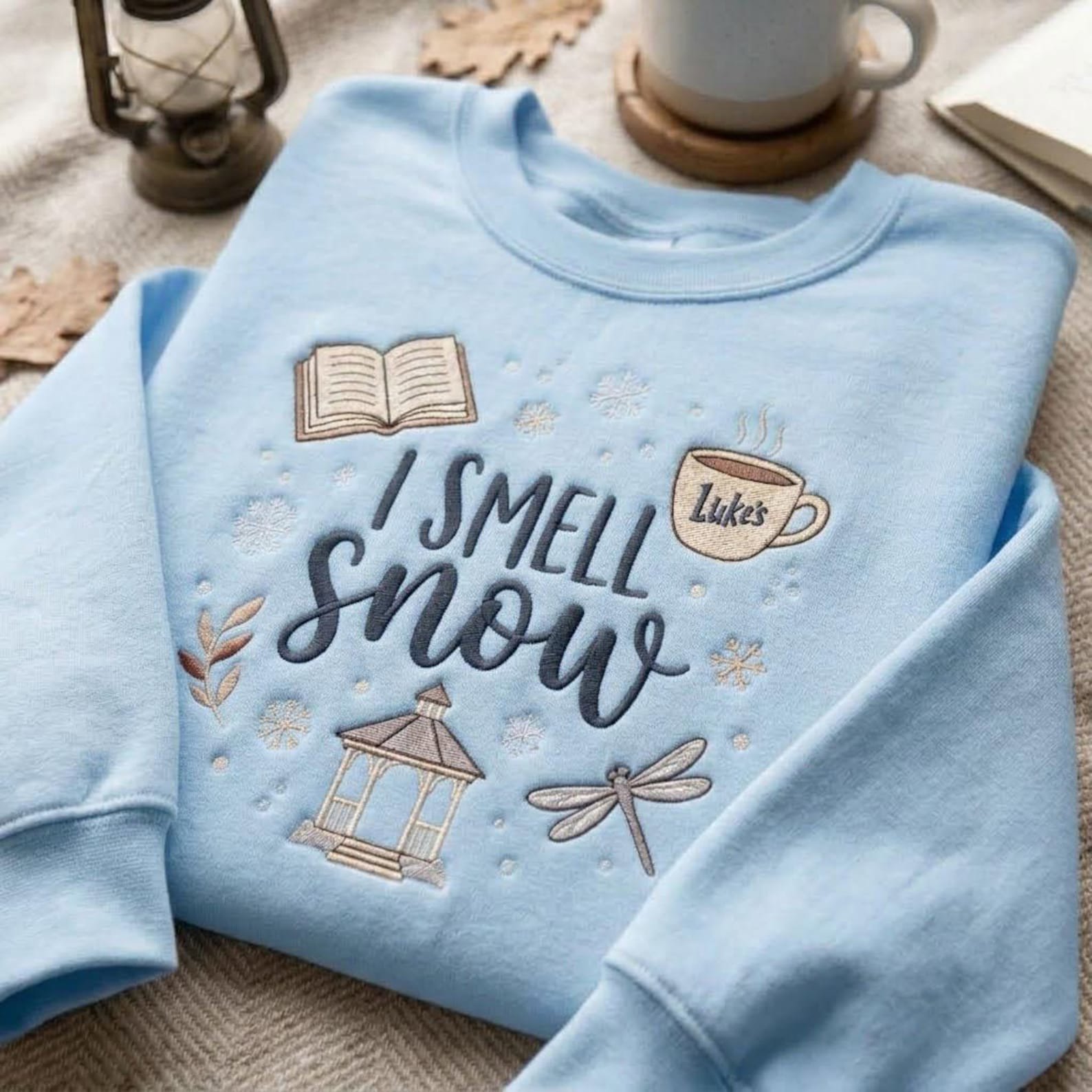 Embroidered I Smell Snow Sweatshirt, Cozy Bookish Winter Crewneck, Coffee Cup Gazebo Dragonfly Design, Autumn Lover Gift Idea 4