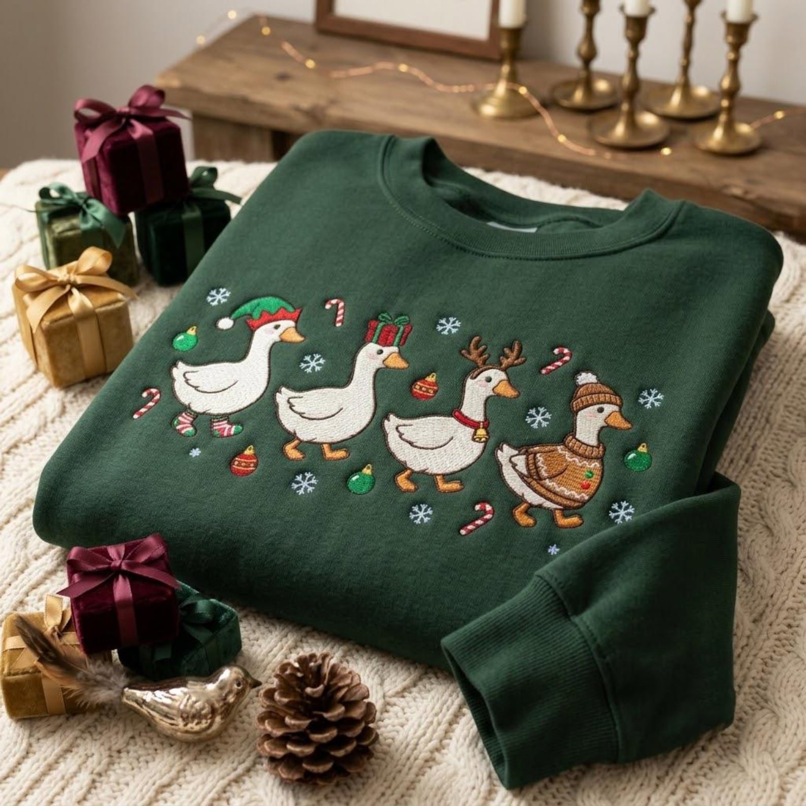 Holiday Goose Embroidered Crewneck Sweatshirt, Festive Christmas Geese Winter Pullover, Cozy Seasonal Gift for XMAS Lovers 1