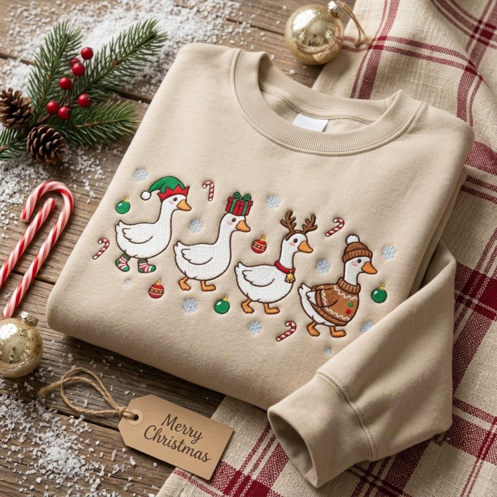 Holiday Goose Embroidered Crewneck Sweatshirt, Festive Christmas Geese Winter Pullover, Cozy Seasonal Gift for XMAS Lovers 4