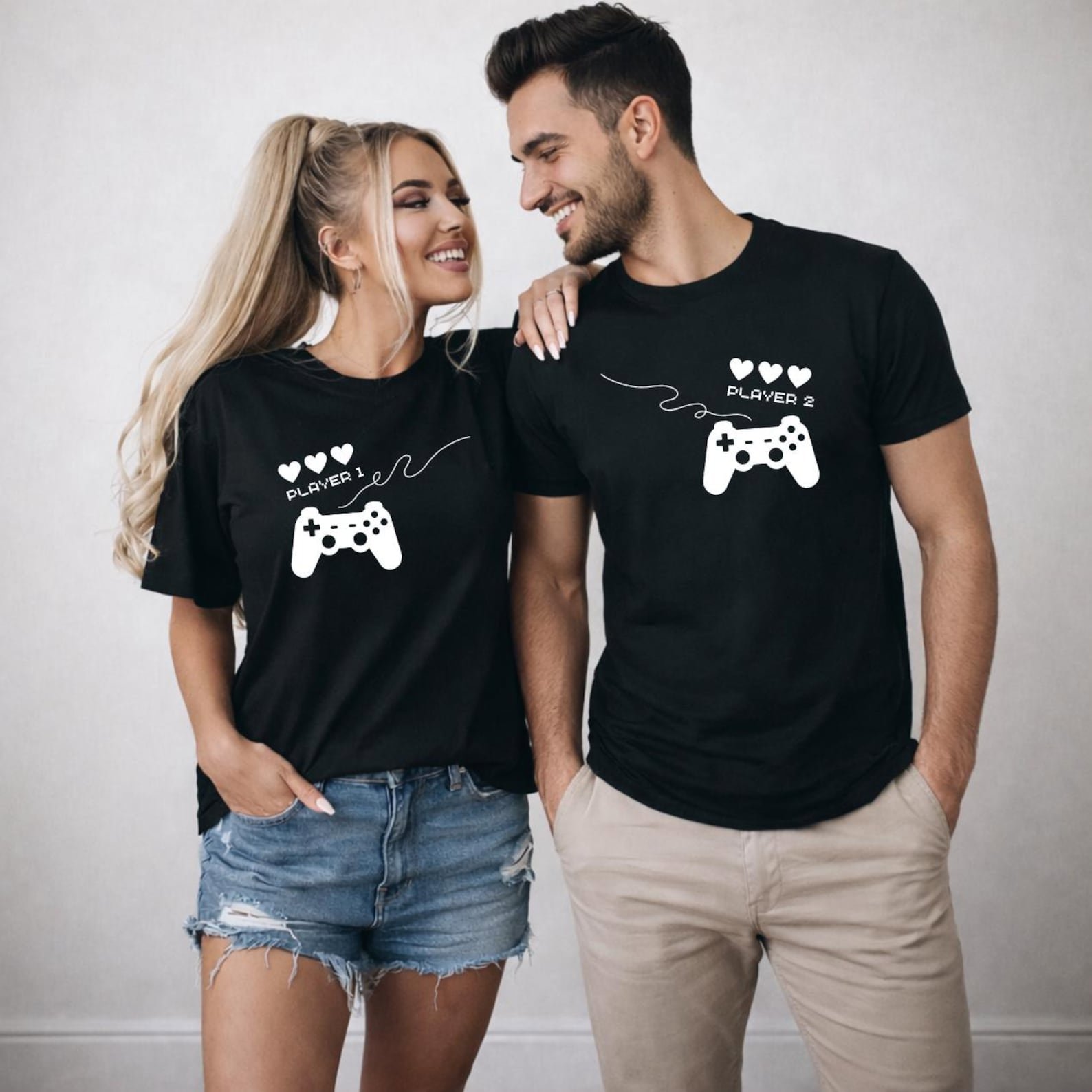 Gamer Couple Matching Shirts, Player 1 and Player 2 Tee, Gaming Valentine Matching Tshirt, Game Console Controller design gifts for couples 5
