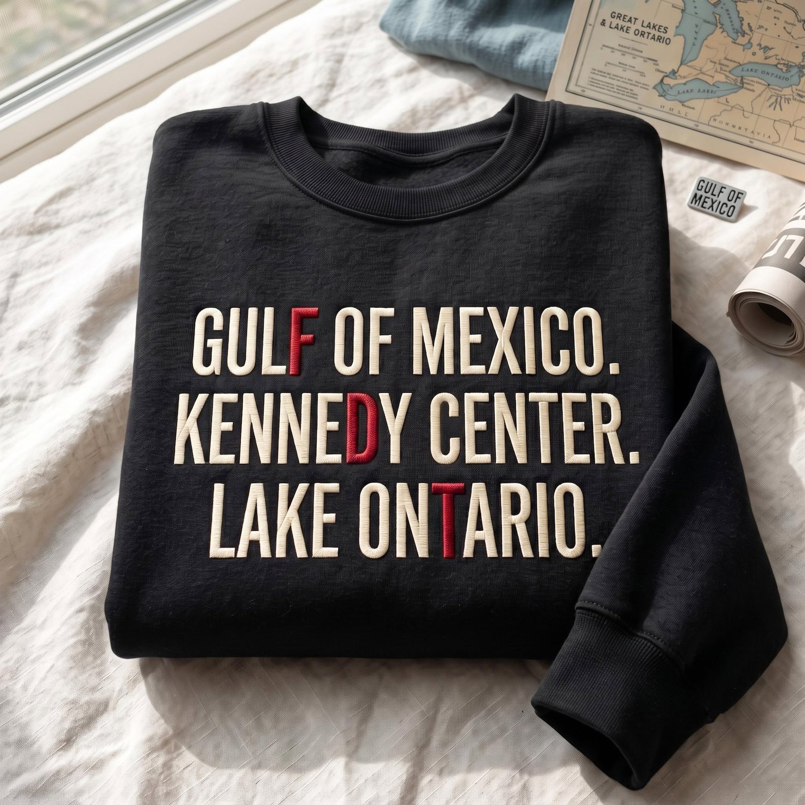 Gulf of Mexico Kennedy Center Lake Ontario Sweatshirt, Embroidered Political Humor Shirt, Funny Geography Satire Shirt, Anti Trump Shirt 1