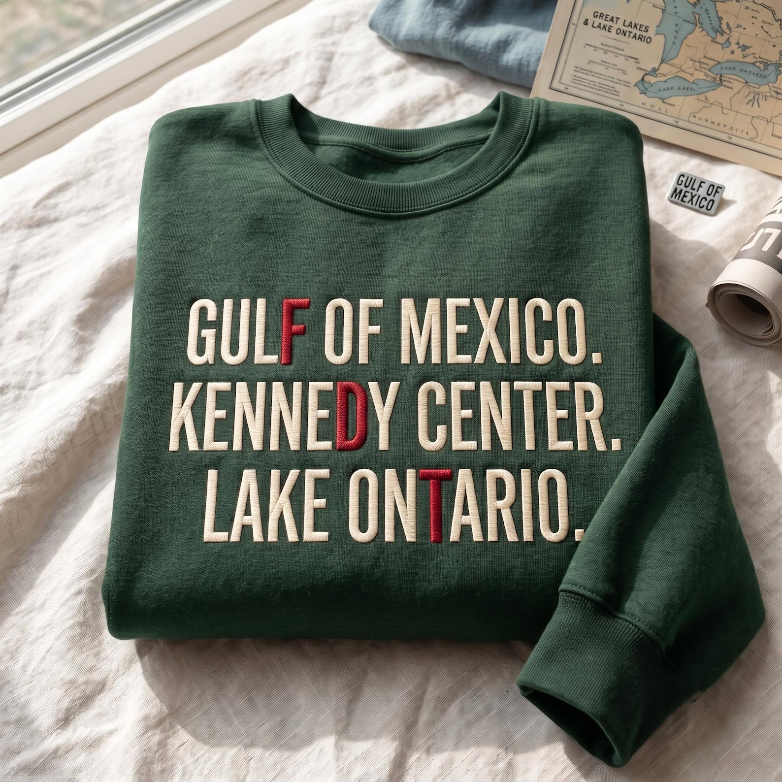 Gulf of Mexico Kennedy Center Lake Ontario Sweatshirt, Embroidered Political Humor Shirt, Funny Geography Satire Shirt, Anti Trump Shirt 3