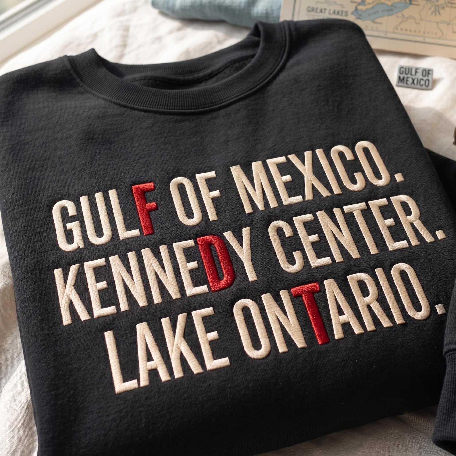 Gulf of Mexico Kennedy Center Lake Ontario Sweatshirt, Embroidered Political Humor Shirt, Funny Geography Satire Shirt, Anti Trump Shirt 2