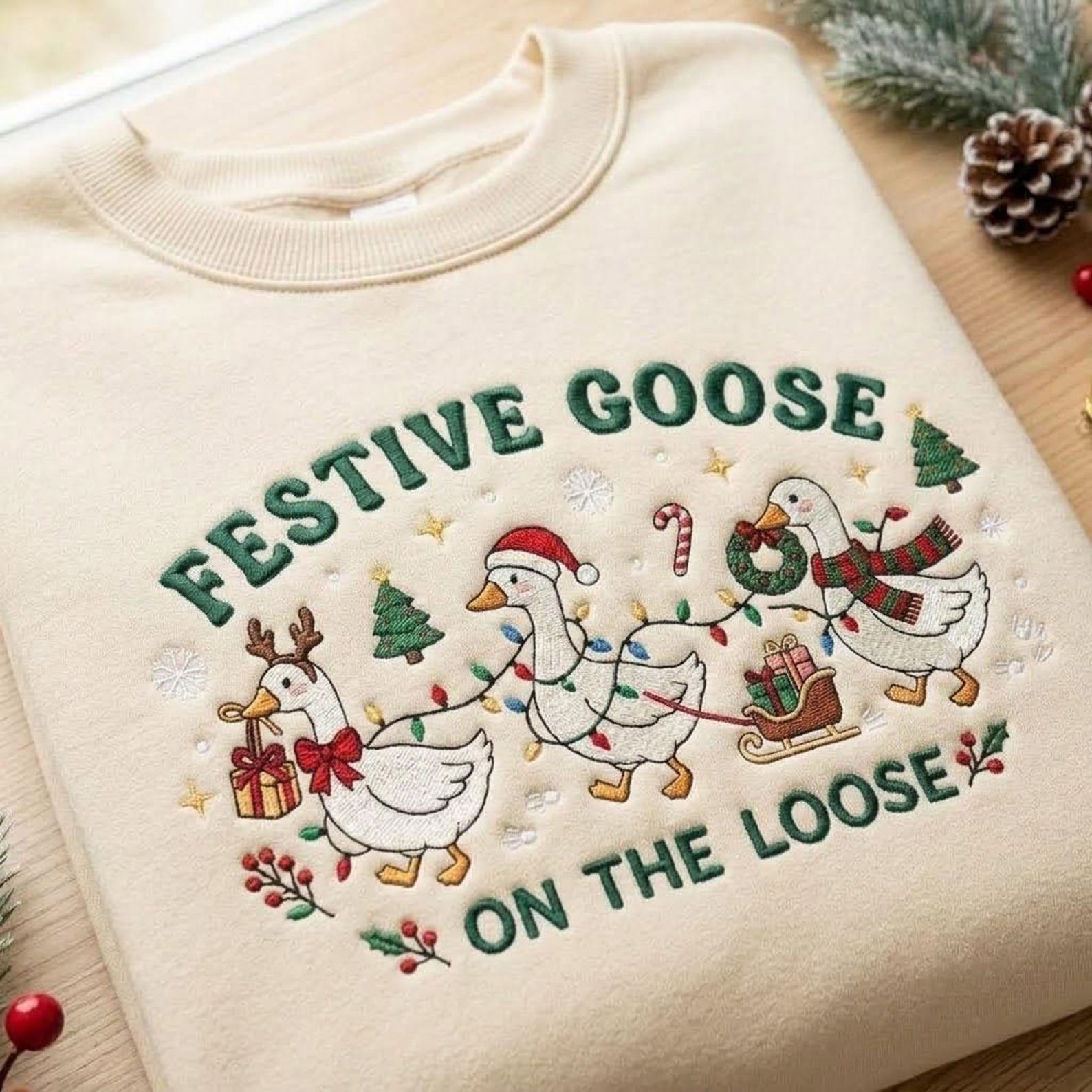 Festive Goose Embroidered Sweatshirt, Funny Christmas Goose Crewneck, On The Loose Holiday Sweater, Goose Lover Gift 1