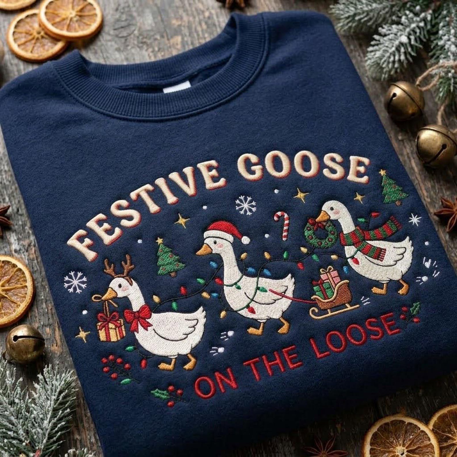 Festive Goose Embroidered Sweatshirt, Funny Christmas Goose Crewneck, On The Loose Holiday Sweater, Goose Lover Gift 3