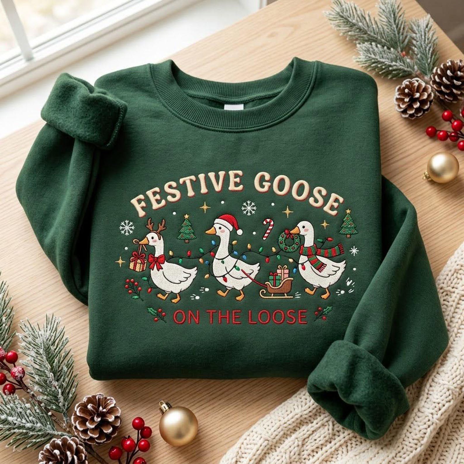 Festive Goose Embroidered Sweatshirt, Funny Christmas Goose Crewneck, On The Loose Holiday Sweater, Goose Lover Gift 2
