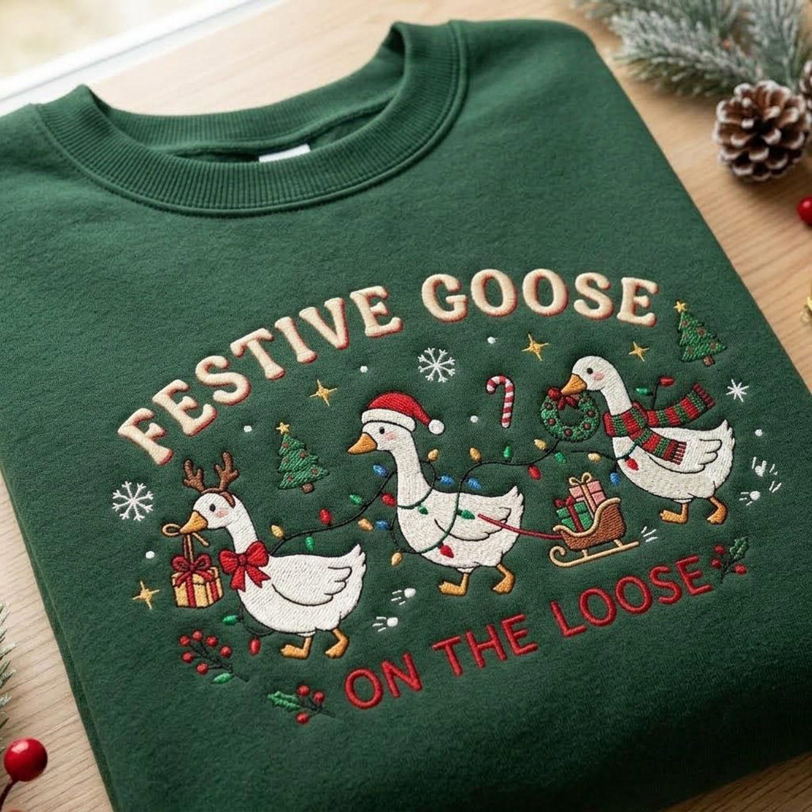 Festive Goose Embroidered Sweatshirt, Funny Christmas Goose Crewneck, On The Loose Holiday Sweater, Goose Lover Gift 4