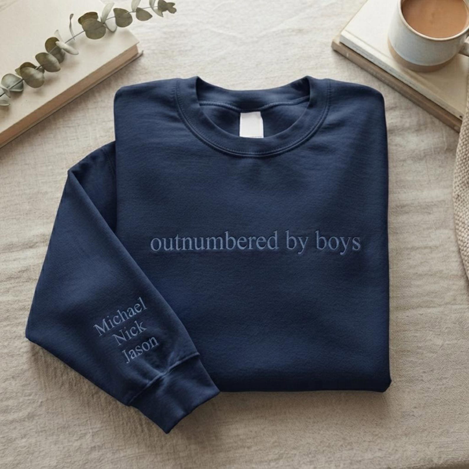 Embroidered Outnumbered By Boys Sweatshirt, Motherhood Mama Shirt, Minimalist Mama Sweatshirt, Tone on Tone Sweatshirt, Gift for Boy Mom 3
