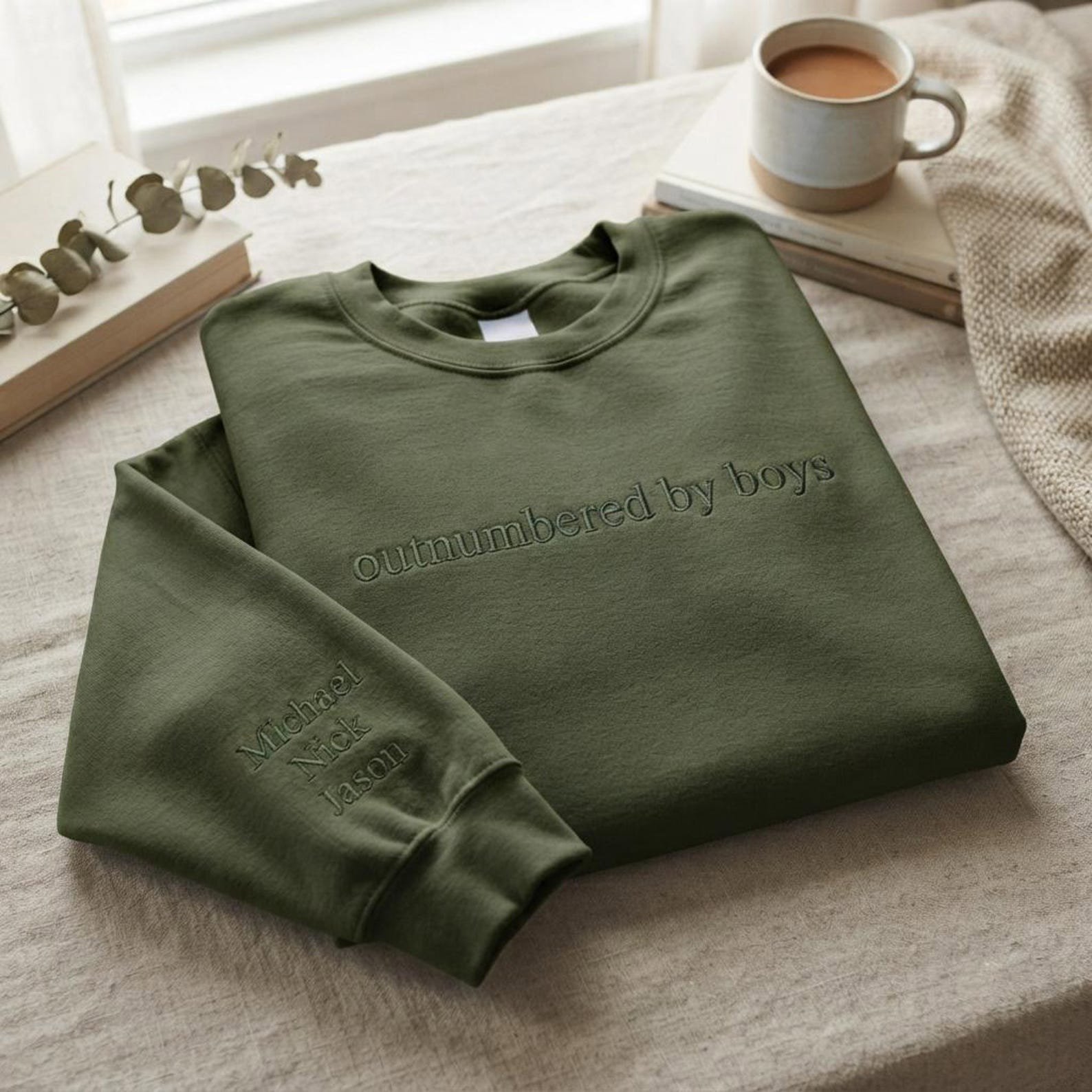 Embroidered Outnumbered By Boys Sweatshirt, Motherhood Mama Shirt, Minimalist Mama Sweatshirt, Tone on Tone Sweatshirt, Gift for Boy Mom 2
