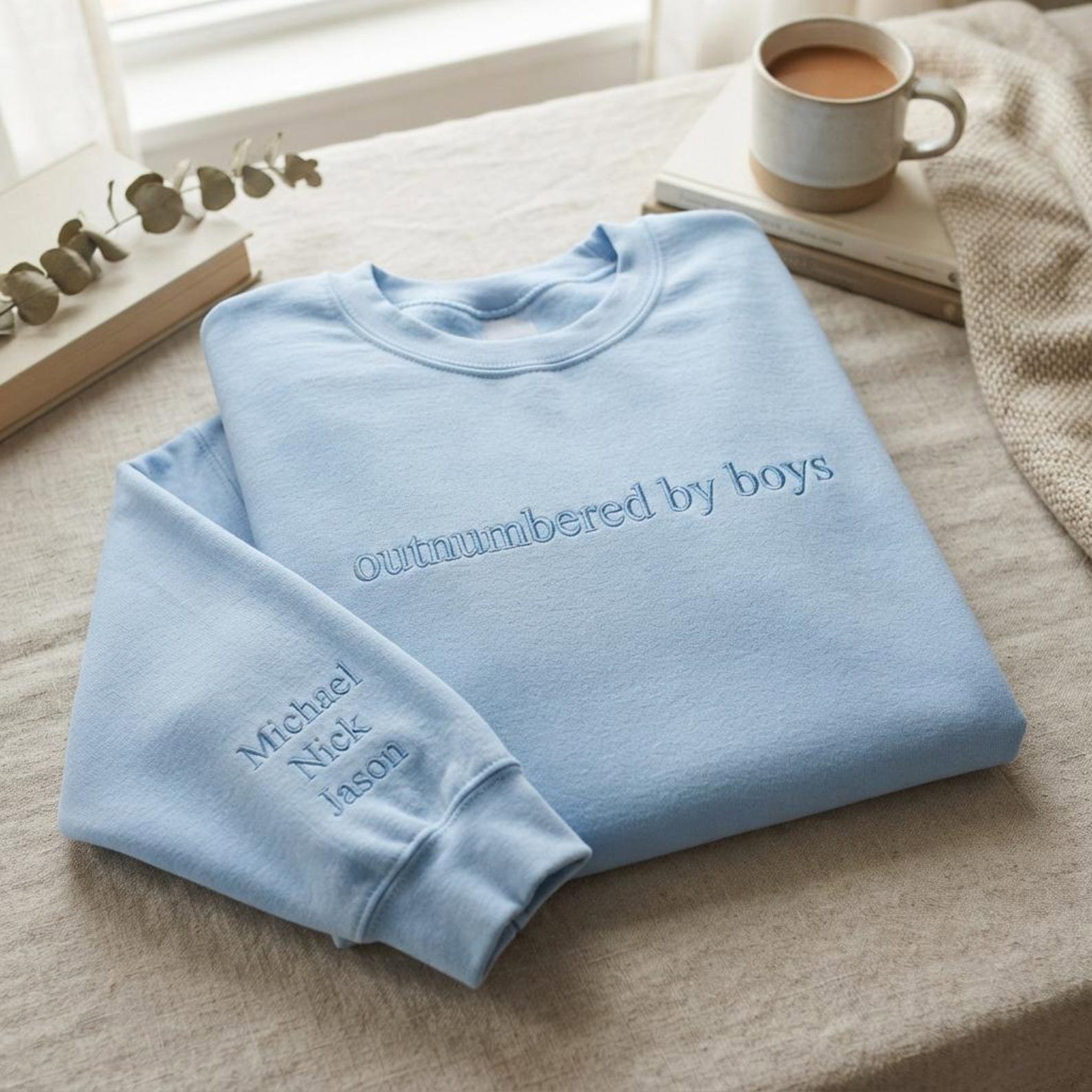 Embroidered Outnumbered By Boys Sweatshirt, Motherhood Mama Shirt, Minimalist Mama Sweatshirt, Tone on Tone Sweatshirt, Gift for Boy Mom 1