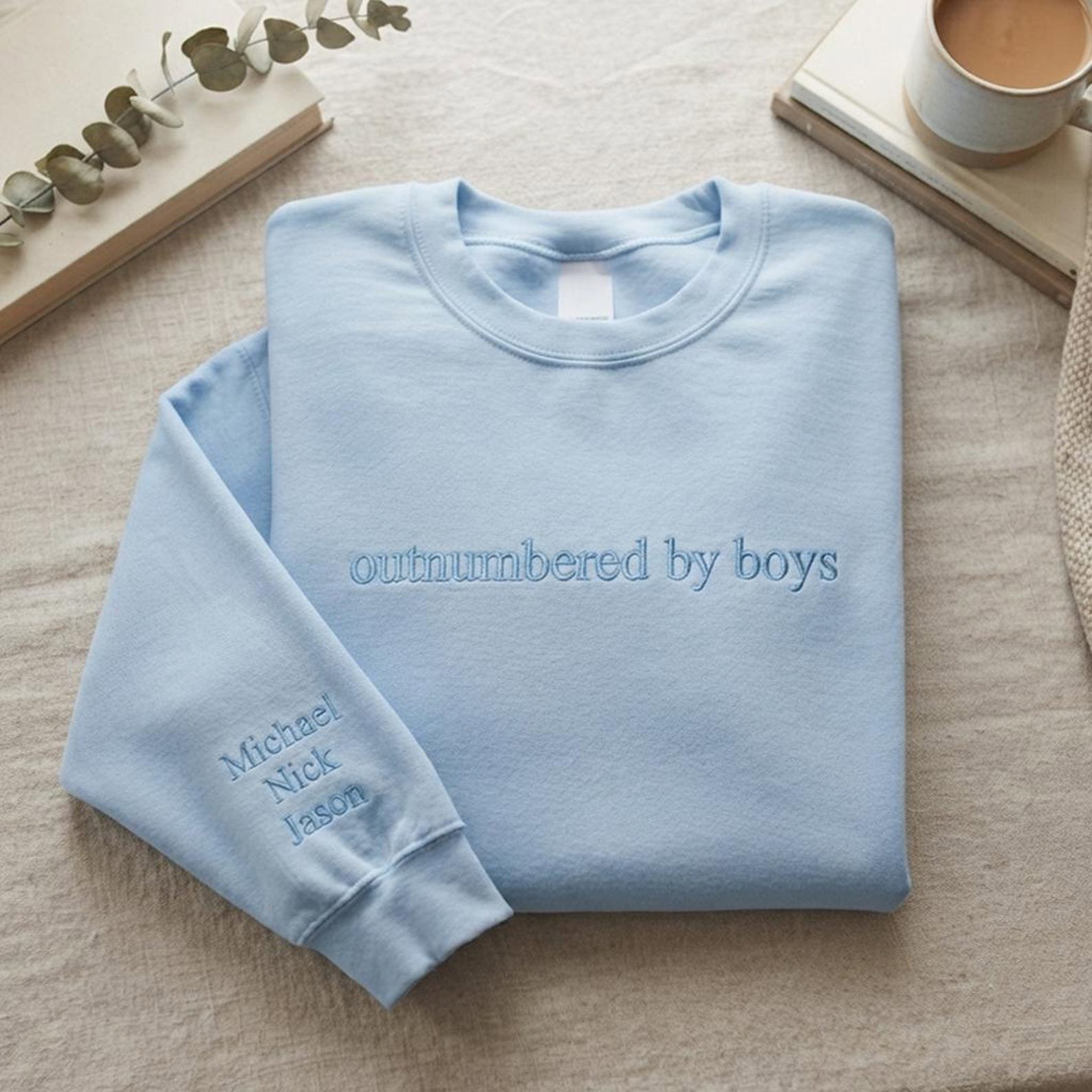 Embroidered Outnumbered By Boys Sweatshirt, Motherhood Mama Shirt, Minimalist Mama Sweatshirt, Tone on Tone Sweatshirt, Gift for Boy Mom 4