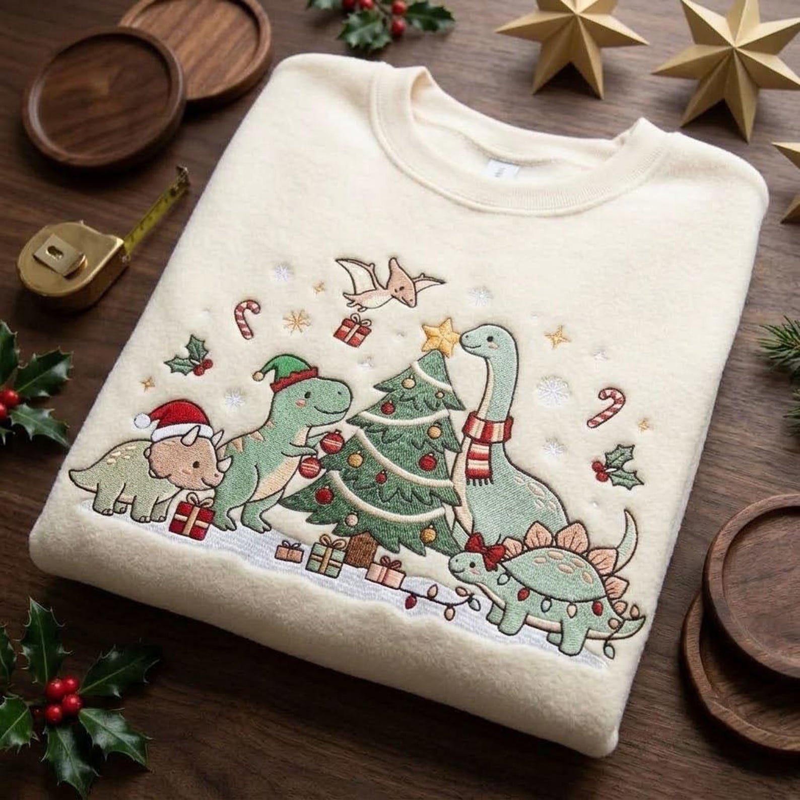 Christmas Dinosaur Embroidered Sweatshirt, Cute Dino Christmas Tree Crewneck, Festive T Rex Holiday Sweater, Dinosaur Gift 3