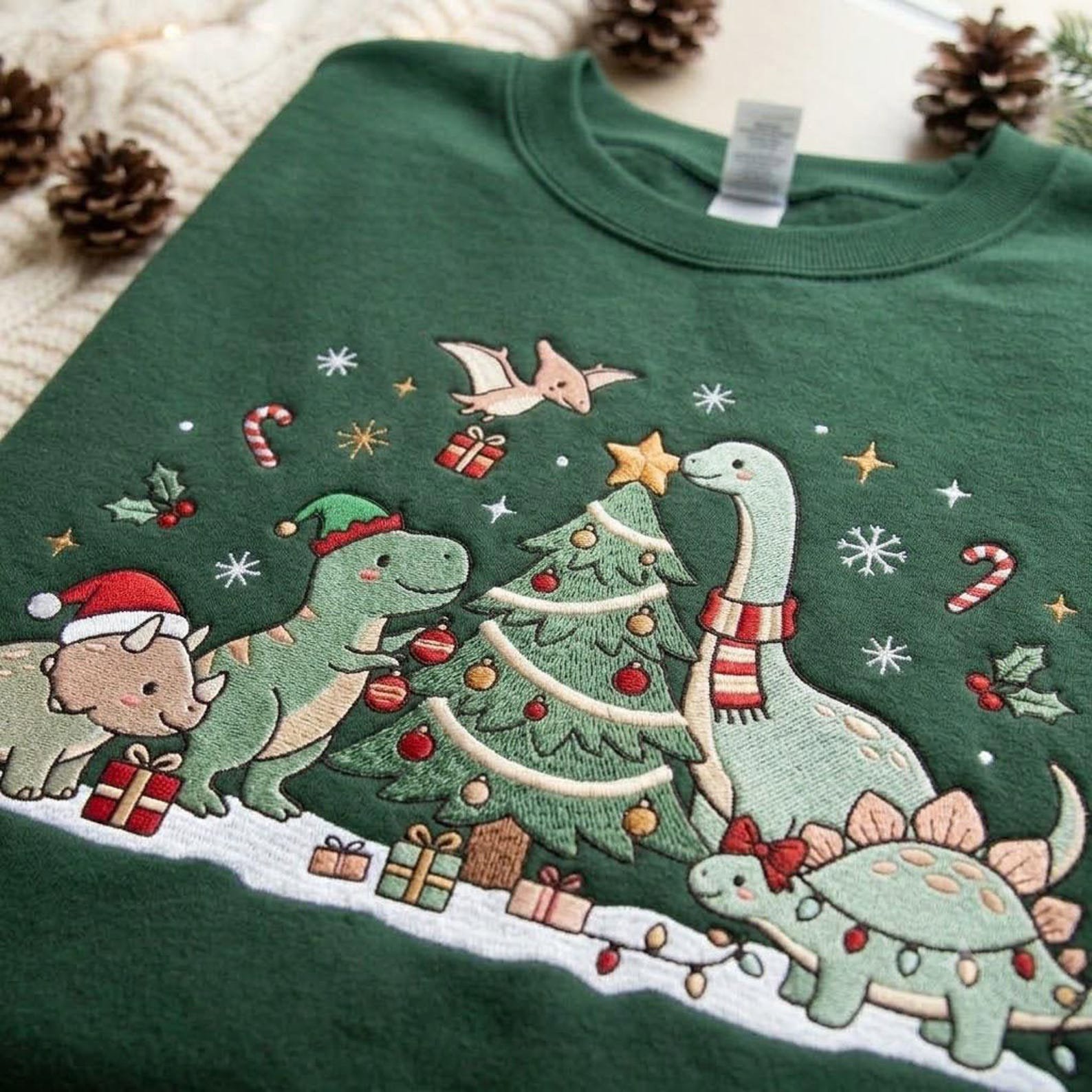 Christmas Dinosaur Embroidered Sweatshirt, Cute Dino Christmas Tree Crewneck, Festive T Rex Holiday Sweater, Dinosaur Gift 2
