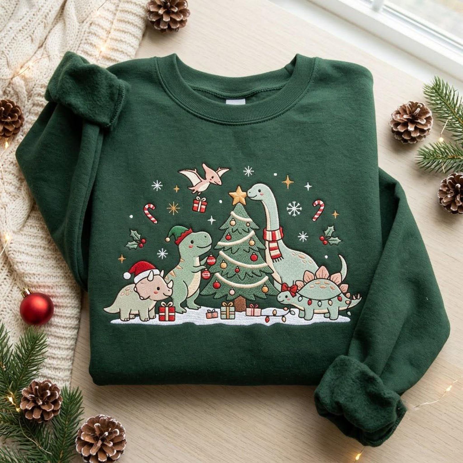 Christmas Dinosaur Embroidered Sweatshirt, Cute Dino Christmas Tree Crewneck, Festive T Rex Holiday Sweater, Dinosaur Gift 1