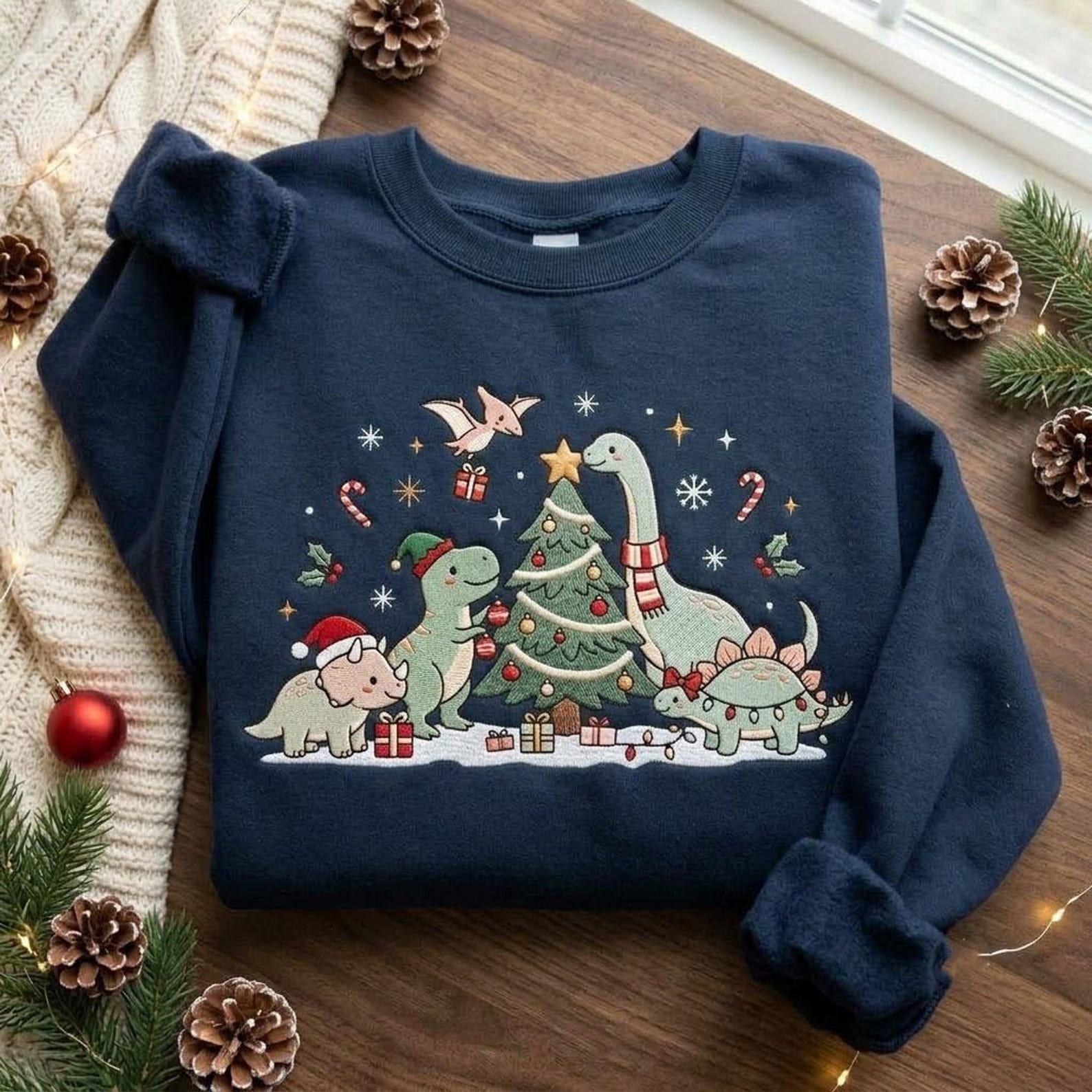 Christmas Dinosaur Embroidered Sweatshirt, Cute Dino Christmas Tree Crewneck, Festive T Rex Holiday Sweater, Dinosaur Gift 4