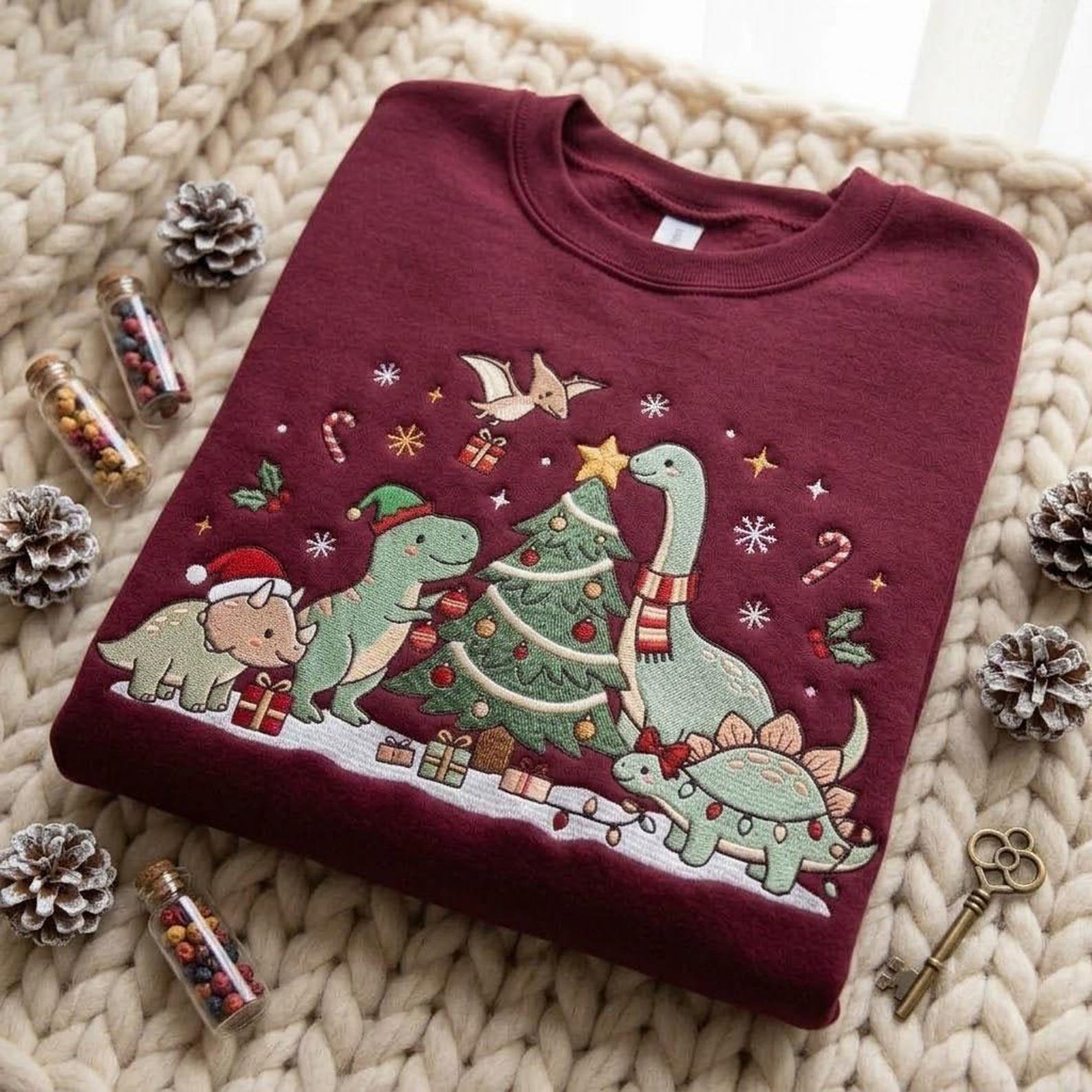 Christmas Dinosaur Embroidered Sweatshirt, Cute Dino Christmas Tree Crewneck, Festive T Rex Holiday Sweater, Dinosaur Gift 5