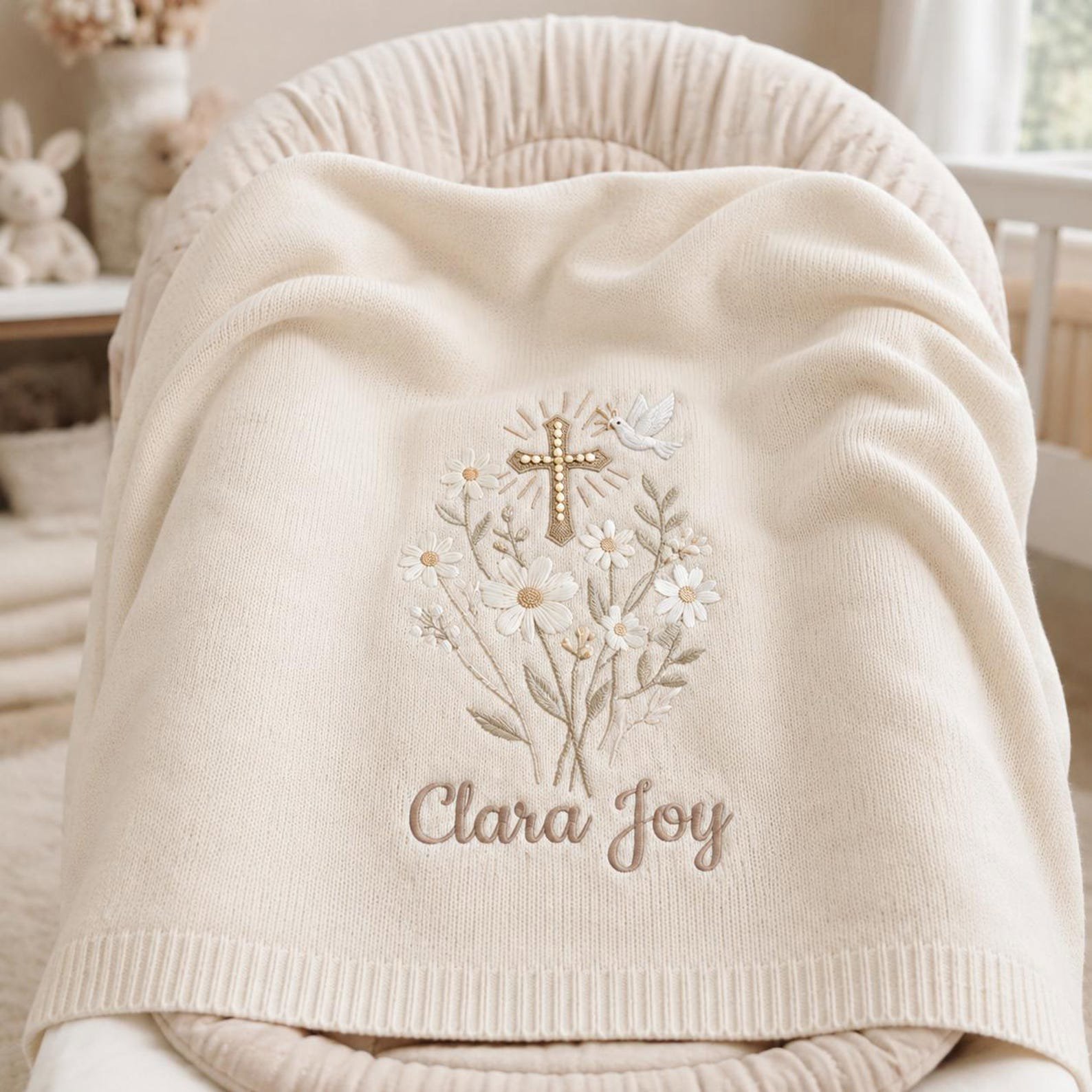 Custom Baptism Embroidered Baby Blanket, Christen Believer Gift, Custom Embroidered Floral Cross Knit Blanket, Baby Shower Gift 1