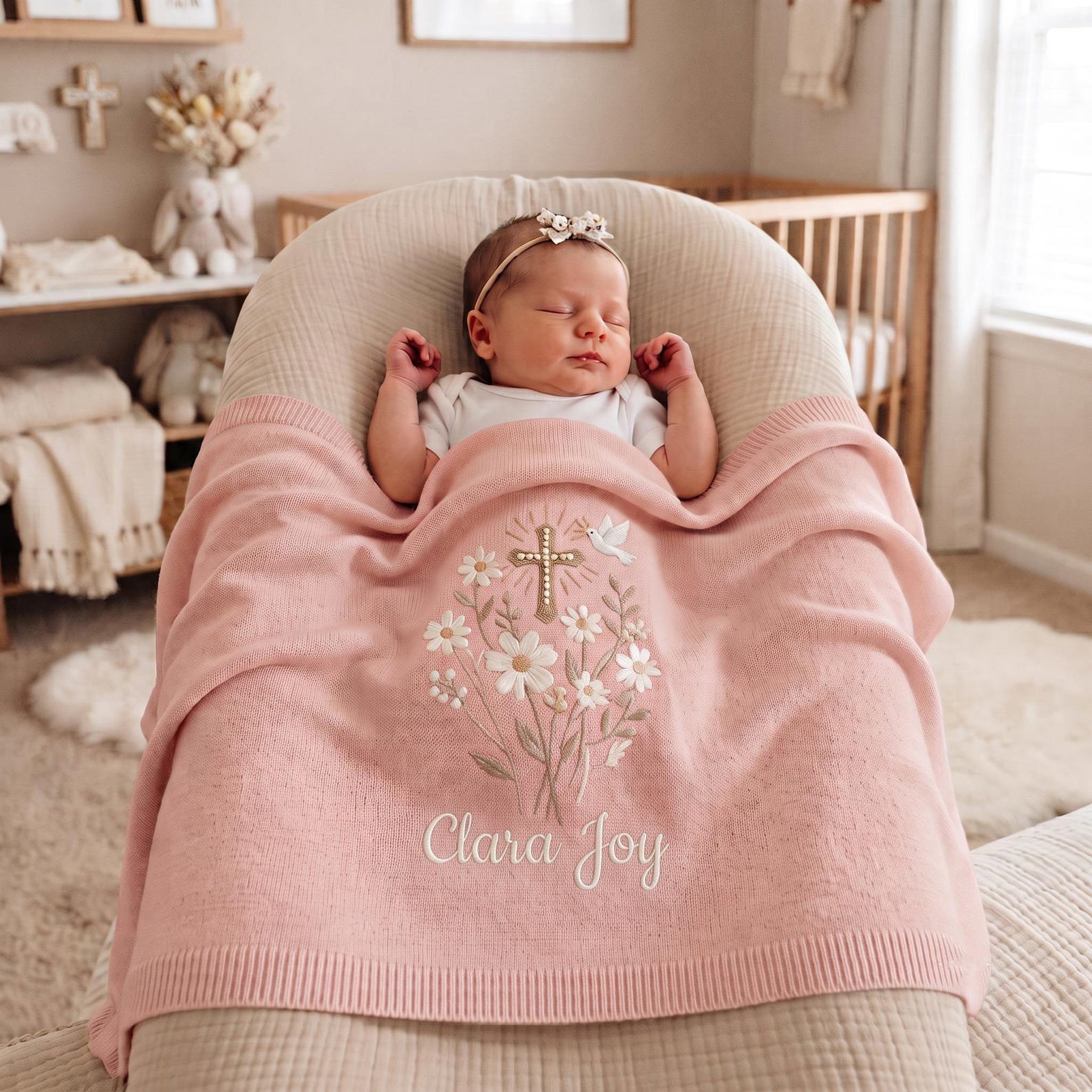 Custom Baptism Embroidered Baby Blanket, Christen Believer Gift, Custom Embroidered Floral Cross Knit Blanket, Baby Shower Gift 3