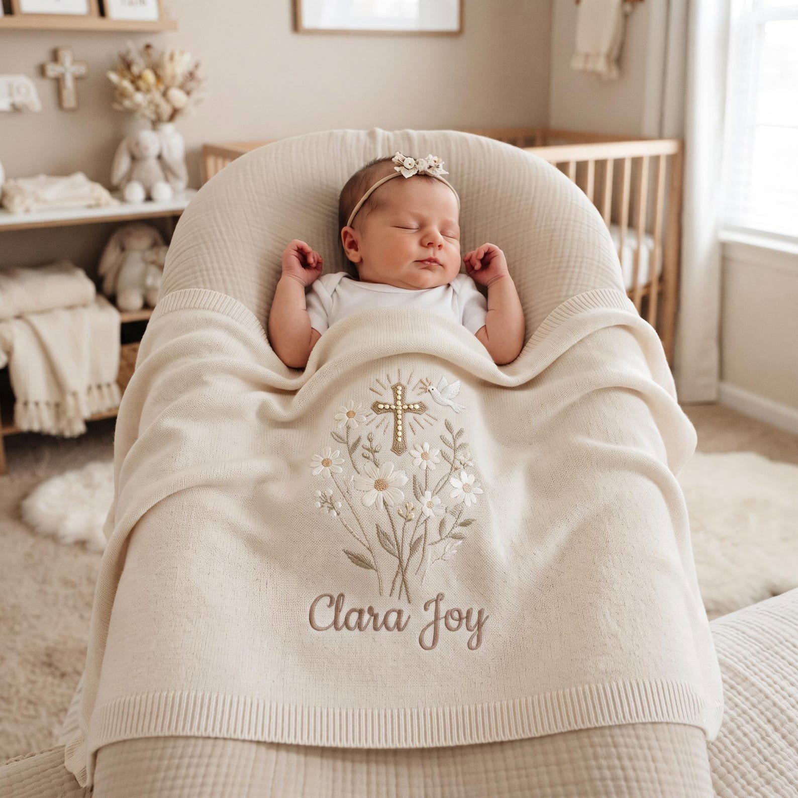 Custom Baptism Embroidered Baby Blanket, Christen Believer Gift, Custom Embroidered Floral Cross Knit Blanket, Baby Shower Gift 4