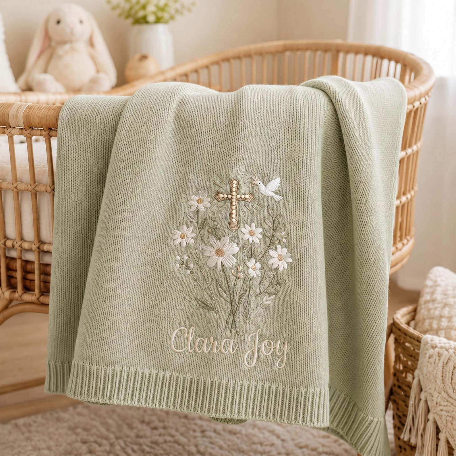 Custom Baptism Embroidered Baby Blanket, Christen Believer Gift, Custom Embroidered Floral Cross Knit Blanket, Baby Shower Gift 5