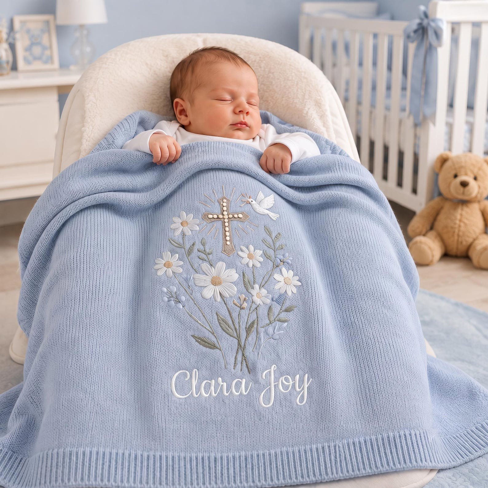 Custom Baptism Embroidered Baby Blanket, Christen Believer Gift, Custom Embroidered Floral Cross Knit Blanket, Baby Shower Gift 6