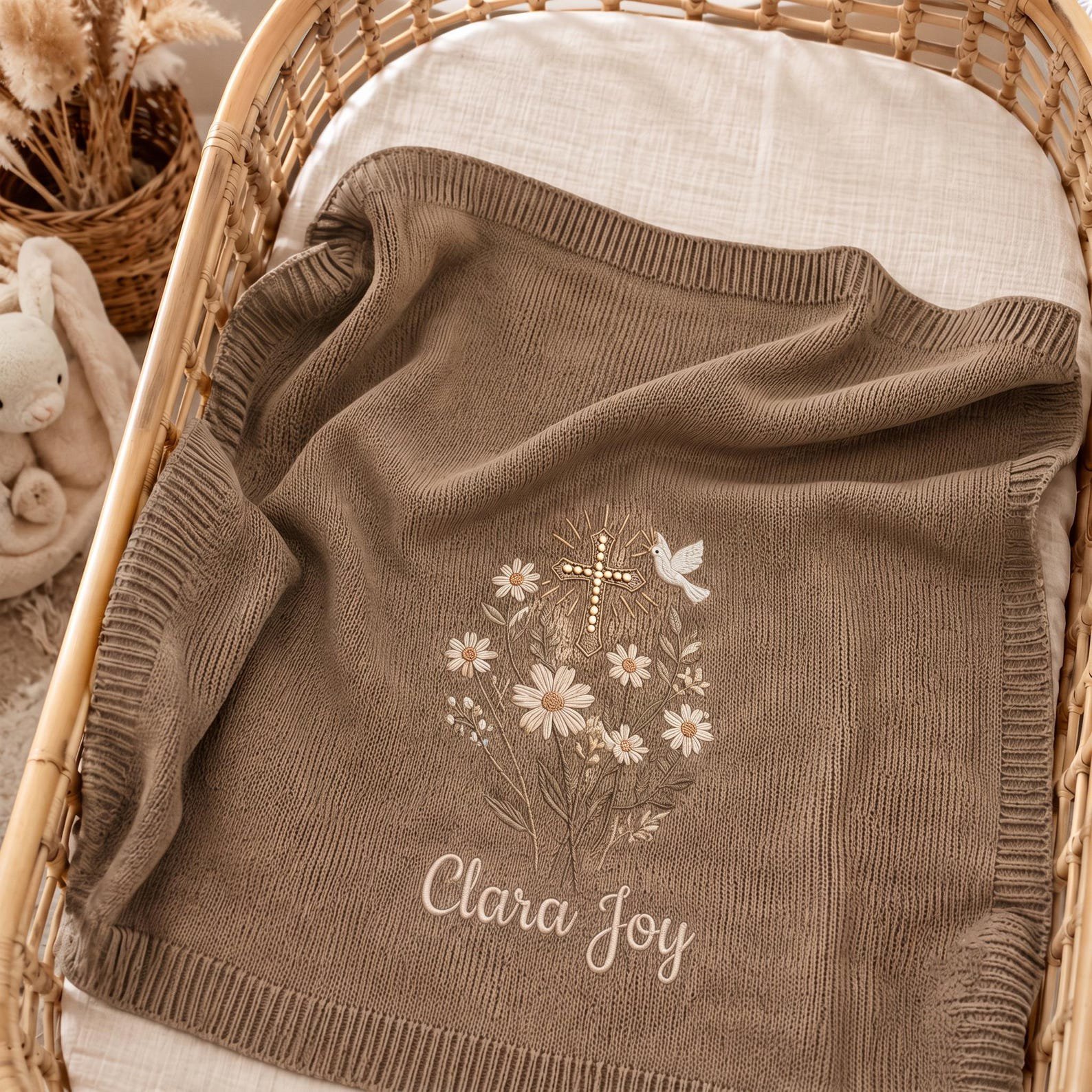 Custom Baptism Embroidered Baby Blanket, Christen Believer Gift, Custom Embroidered Floral Cross Knit Blanket, Baby Shower Gift 7