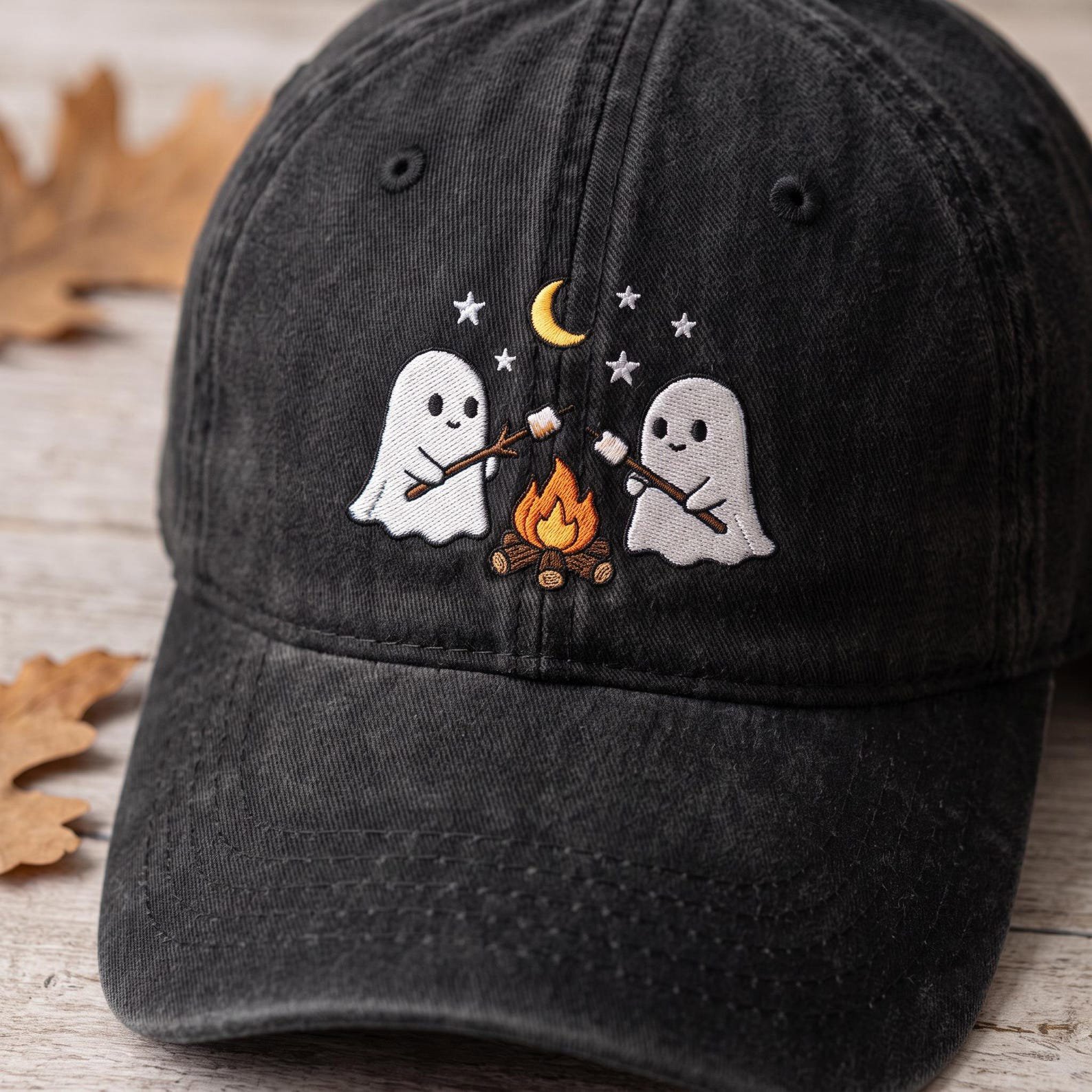Embroidered Ghost Campfire Hat, Spooky Season Fall Cap, Embroidered Halloween Cap, Cute Ghost Marshmallow Hat, Cozy Autumn Gift For Women 1