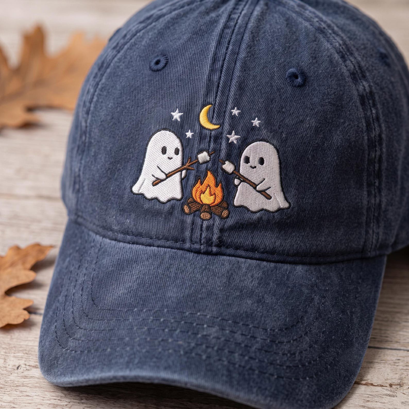Embroidered Ghost Campfire Hat, Spooky Season Fall Cap, Embroidered Halloween Cap, Cute Ghost Marshmallow Hat, Cozy Autumn Gift For Women 3
