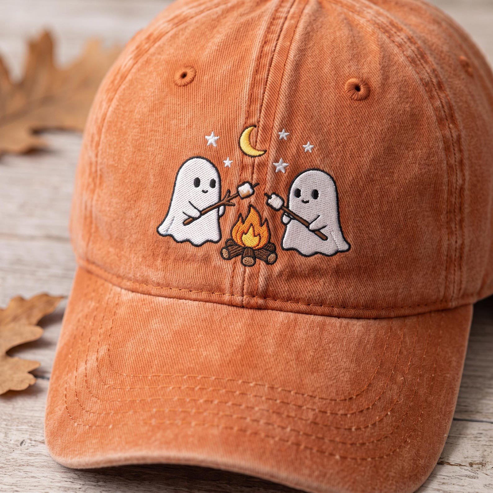 Embroidered Ghost Campfire Hat, Spooky Season Fall Cap, Embroidered Halloween Cap, Cute Ghost Marshmallow Hat, Cozy Autumn Gift For Women 2